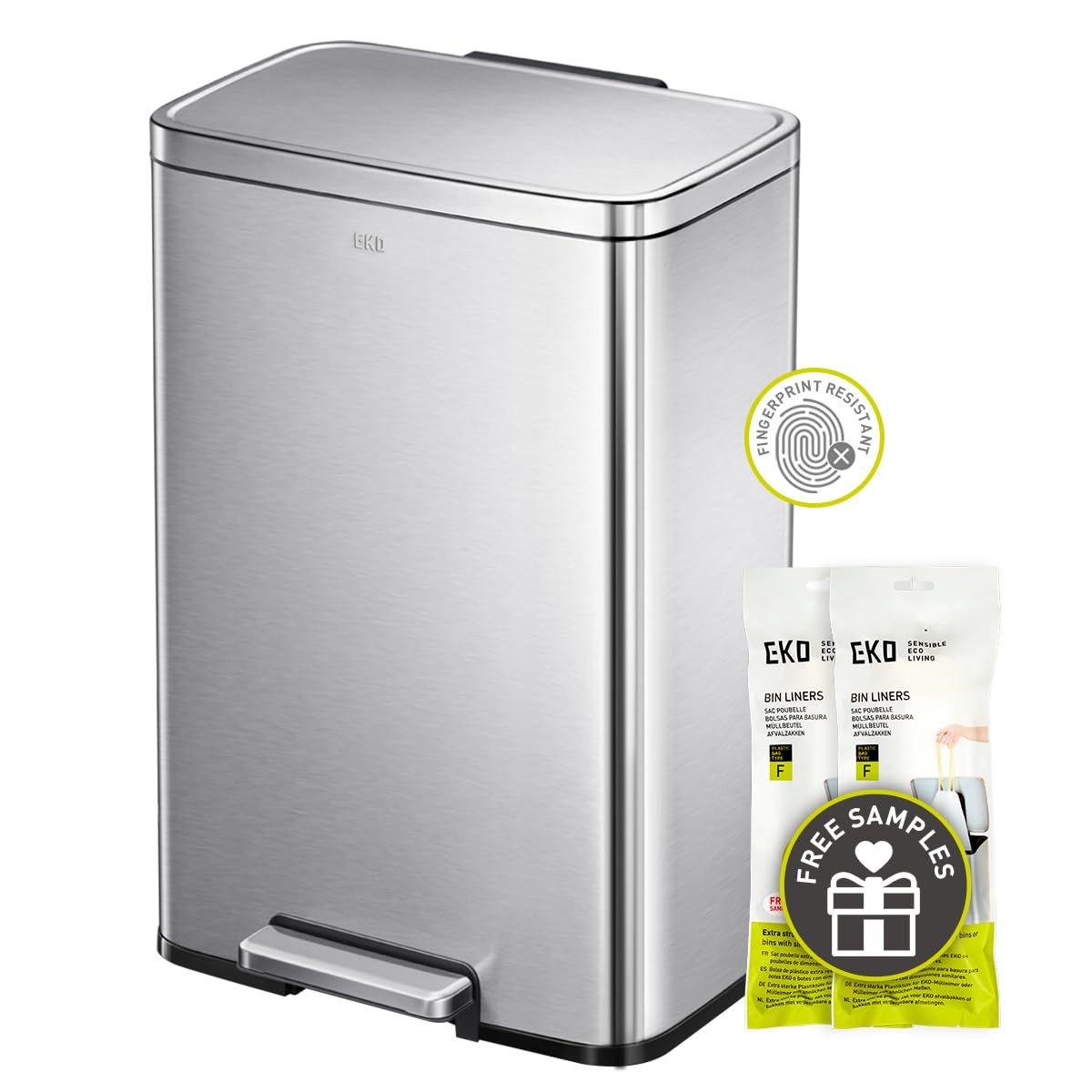 EKO Madison Brushed Stainless 50 Liter/13.2 Gallon Step Trash Can with Inner Liner - Fingerprint Resistant Finish