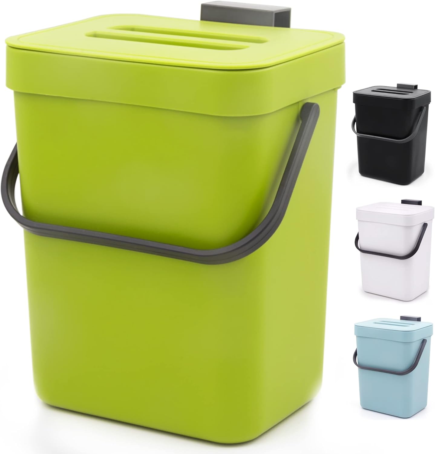 Compost Bin for Kitchen Countertop - MONGTINGLU 5L/1.3 Gal Hanging Small Trash Can with Lid, Kichen Under Sink Trash Can, Wall Mount Indoor Compost Bucket with Lid(Lime Green)