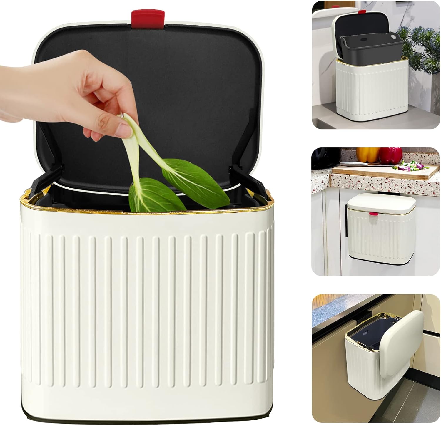 Kitchen Trash Can with Lid, GloDeals 2 in 1 Small Garbage Can Compost Bin Countertop, Wall-Mounted Under Sink Indoor Trash Bin for Kitchen, Bathroom, Cabinet Trash Can Hanging (4L, White/1.05 Gal)