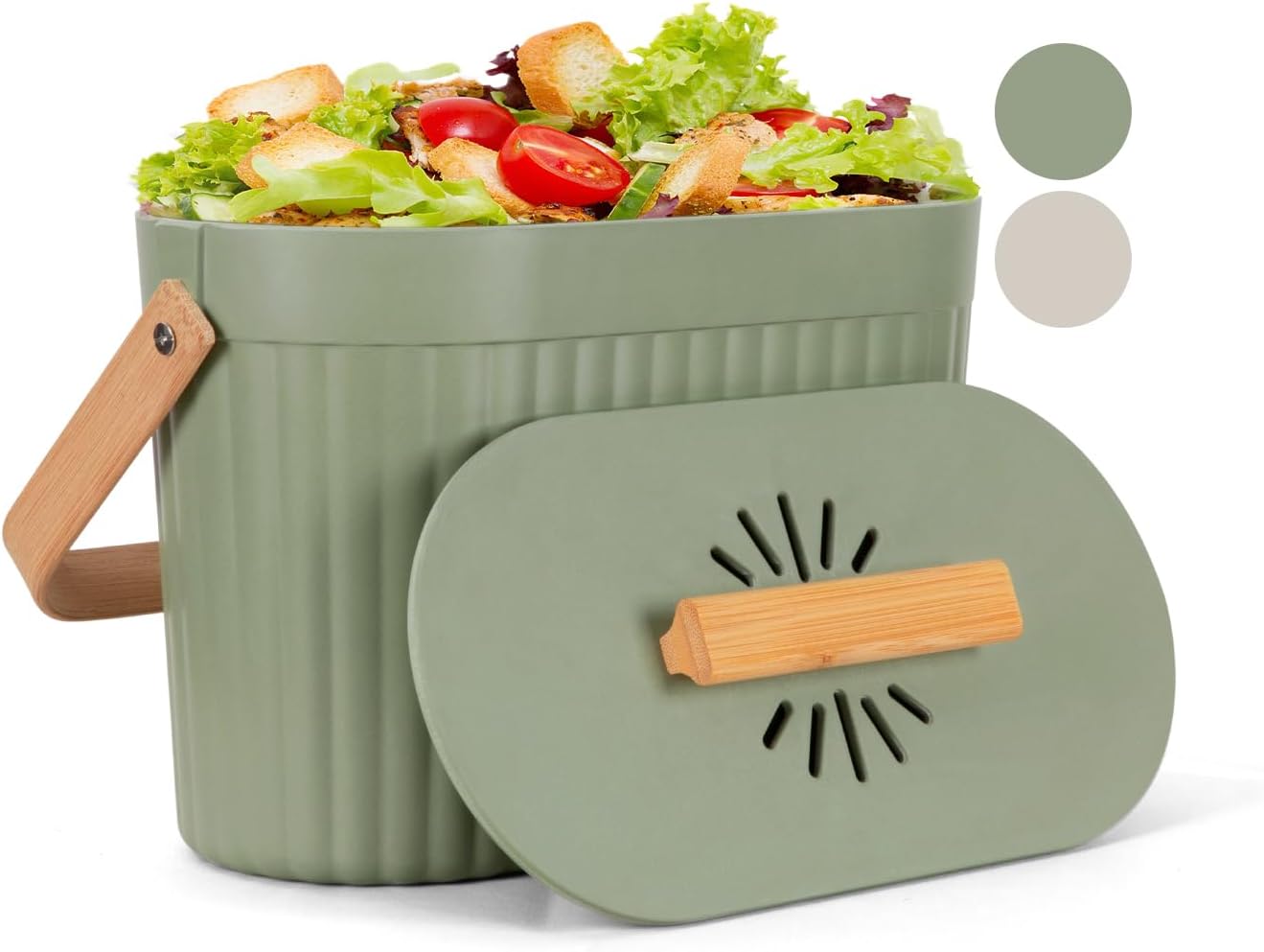 Narrow Kitchen Compost Bin Countertop - Yatmung Odorless Counter Top Compost Bucket with Lid - Small Sustainable Bamboo Composting Pail - Indoor Composter - Skinny Food Waste Bin for Kitchen - Green