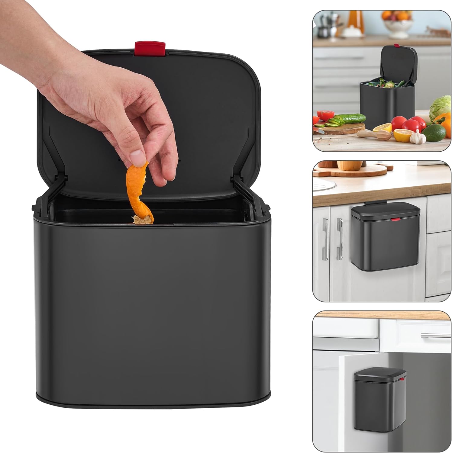 Hanging Kitchen Compost Bin 4 Liter / 1.05 Gallon Includes 30 Compostable Bags, Trash Can with Removable Inner Bucket, Stainless Steel, Airtight Lid, Black