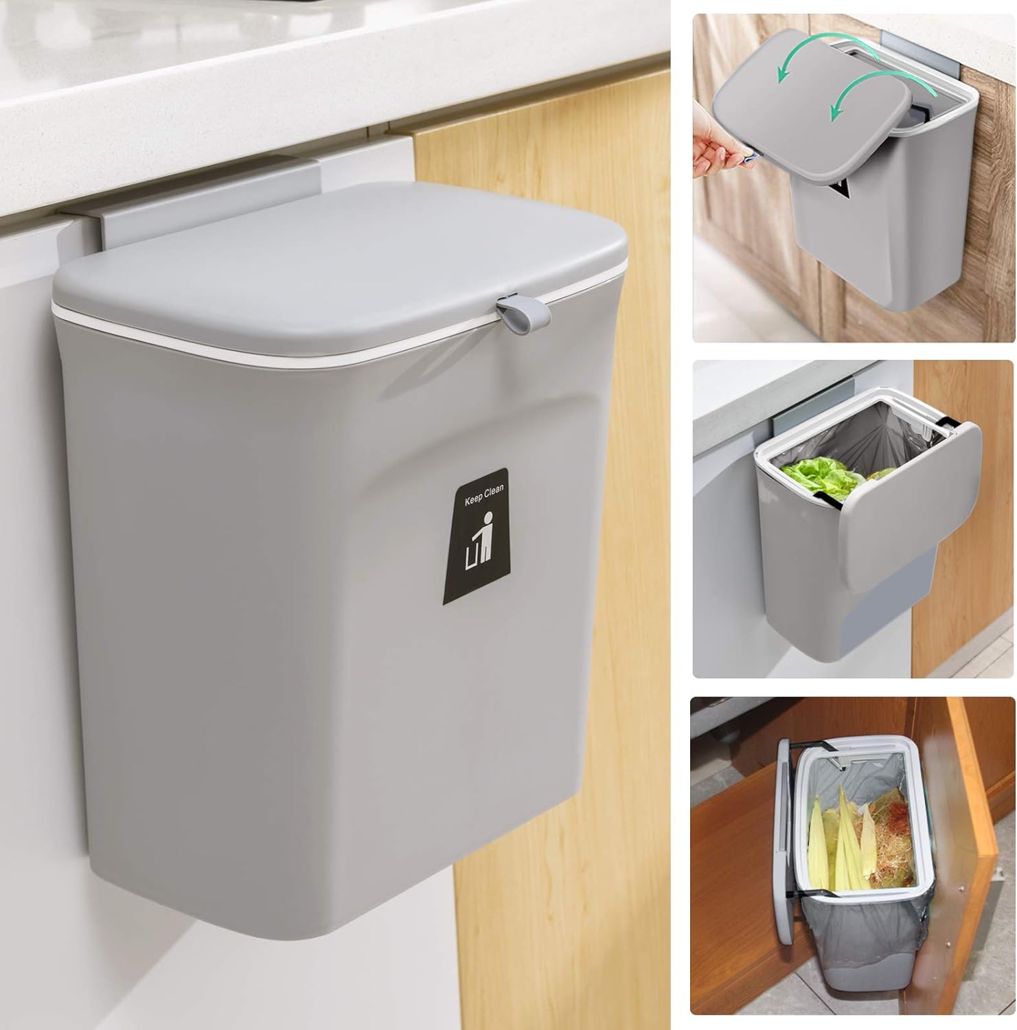 2.4 Gallon Kitchen Compost Bin for Counter Top or Under Sink, Hanging Small Trash Can with Lid for Cupboard/Bathroom/Bedroom/Office/Camping, Mountable Indoor Compost Bucket, Gray