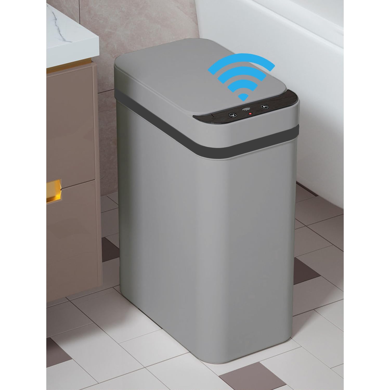 2.5 Gallon Motion Sensor Trash Can - Automatic Trash Can Touchless - Smart Trash Bin with Lid - Electric, Narrow, Plastic, Auto Open, Office, Bedroom, Bathroom - Small Garbage Can (Grey)