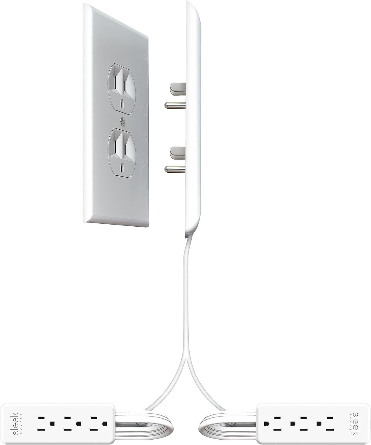 Sleek Socket - The Original & Patented Dual Side-by-Side Ultra-Thin Outlet Concealer w/Cord Concealer Kits, Two 3 Outlet Power Strips, Two 8-Ft Cords, Universal Size (Ideal for Behind a Couch or Bed)