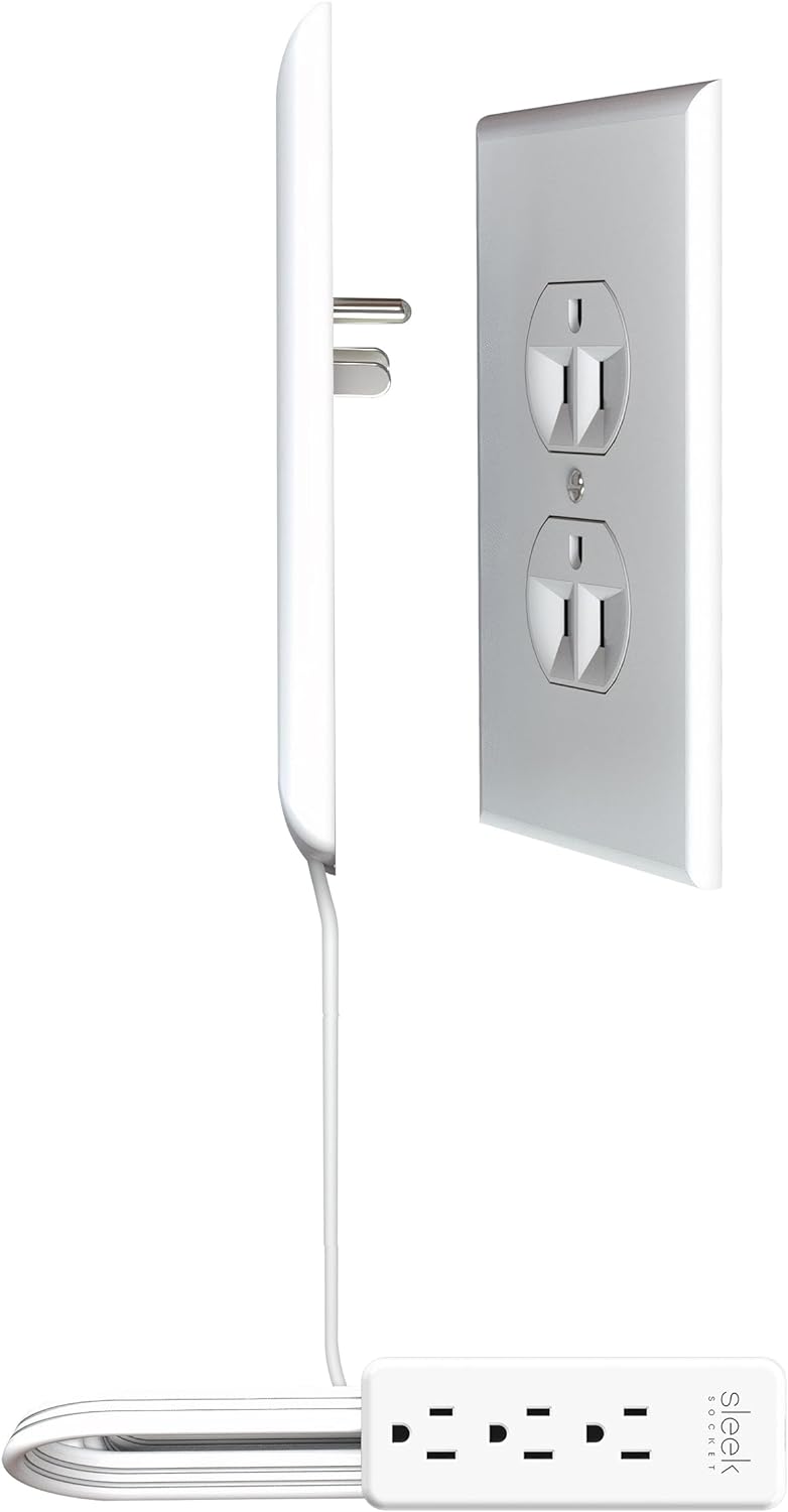 Sleek Socket - The Original & Patented Ultra-Thin Outlet Concealer for Inverted Outlets w/Cord Concealer Kit, 3 Outlet, 3-Ft Cord, Universal Size (Ideal for Kitchens, Small Spots & Behind Furniture)