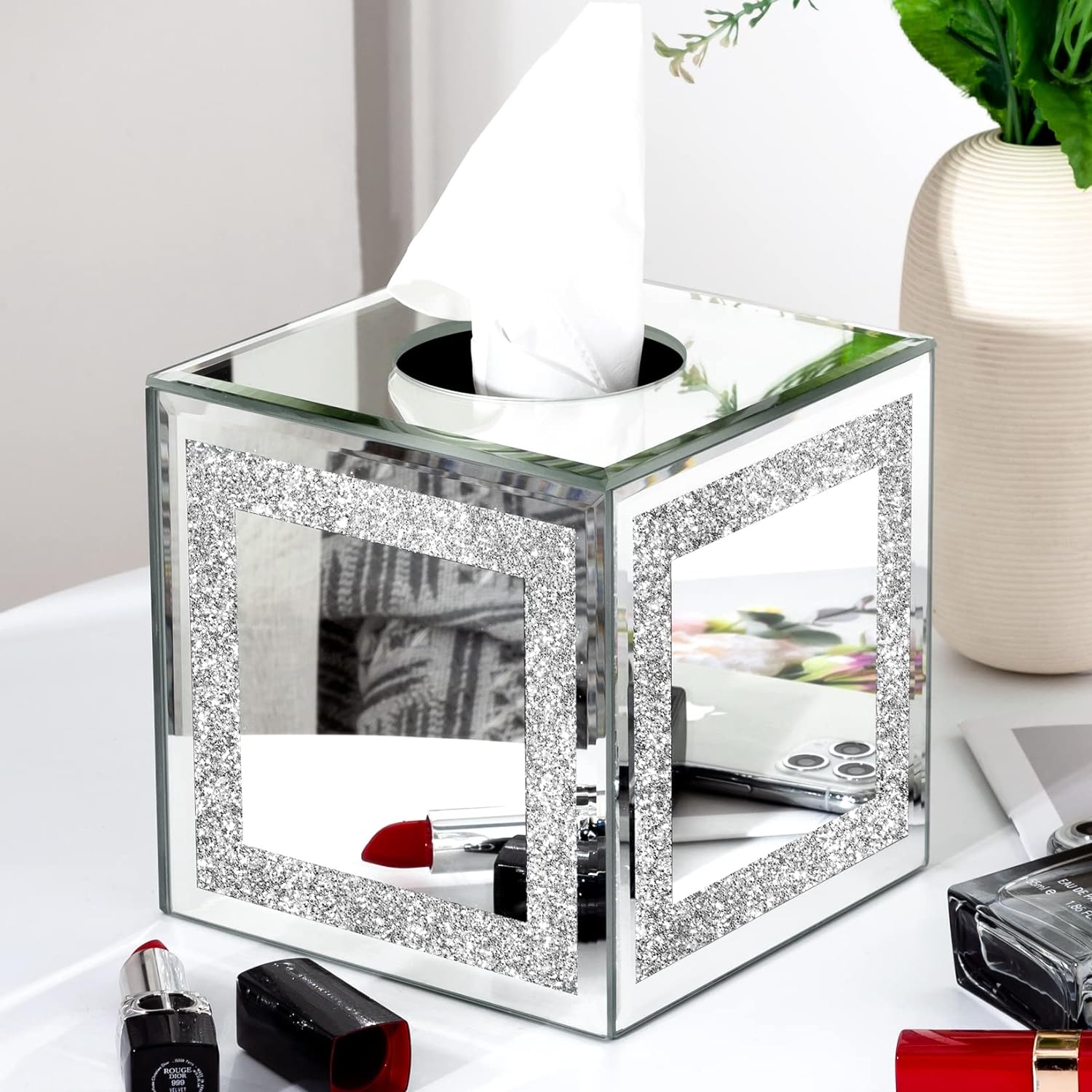 SHYFOY Mirror Tissue Box Cover Square, Glitter Glass Tissue Box Holder with Magnetic Closure, Silver Mirrored Tissue Box Holders Paper Case Dispenser for Home Office Bathroom Decoration