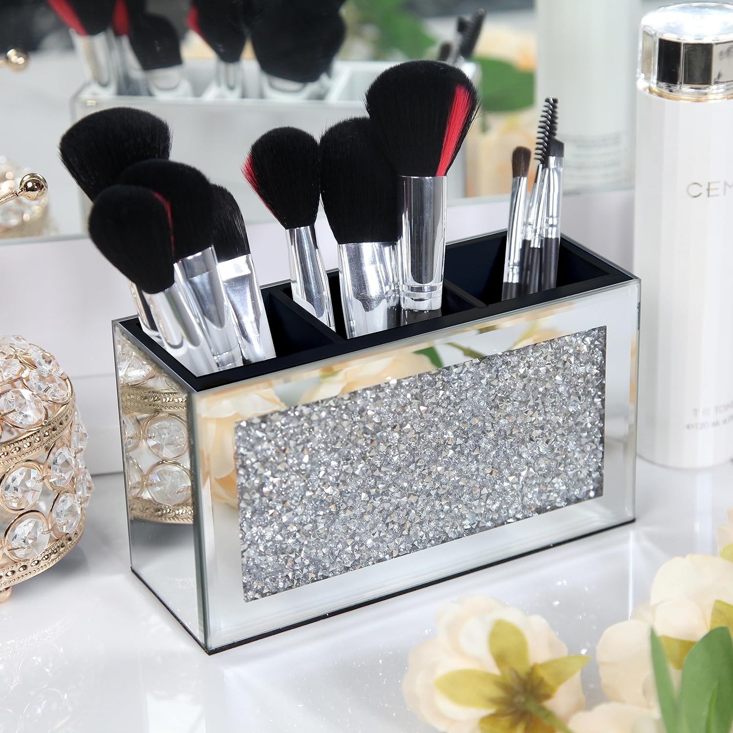 SHYFOY Mirrored Makeup Brush Holder Organizer, 3 Slot Glass Cosmetics Brushes Storage Holders with Crystal Crushed Diamond, Cute Pen and Pencil Holder for Desk, Eyeliners Display Case for Vanity