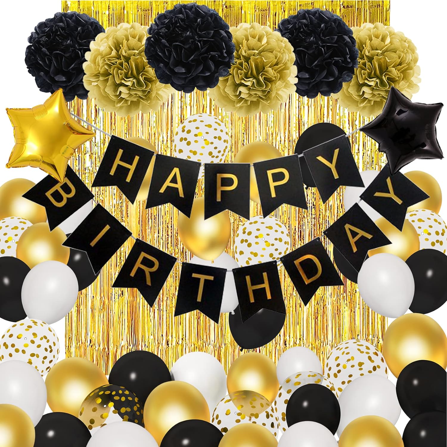 Amandir Black Gold Birthday Decorations for Men Women,Black Gold White Foil Confetti Balloons Happy Birthday Banner Pom Poms Metallic Fringe Curtains 18th 30th 40th 50th 60th Birthday Party Supplies