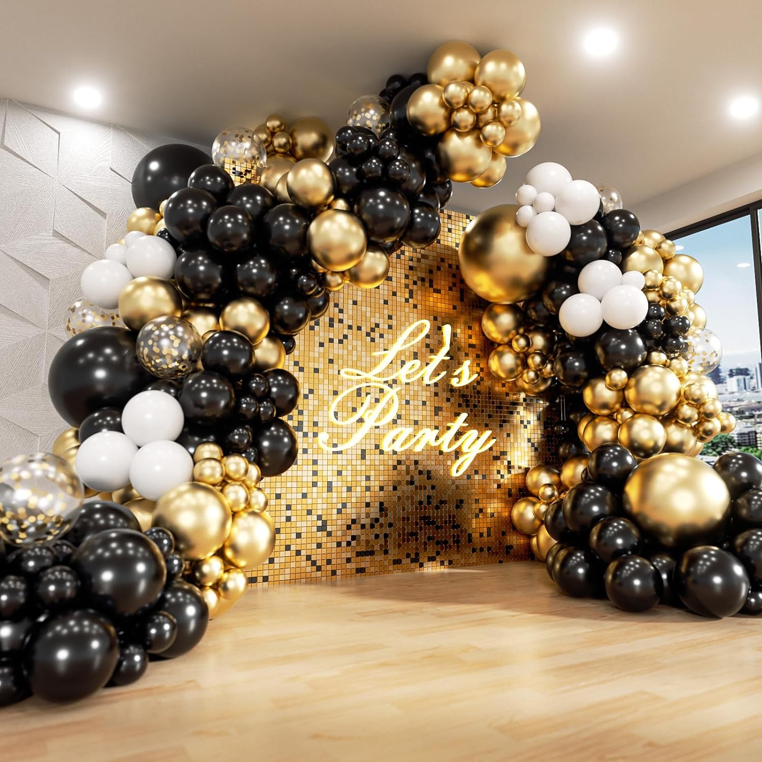 182pcs Black and Gold Balloons Garland Arch Kit, 5 10 12 18 inch Black White and Metallic Gold Balloons Confetti Latex Balloons for New Years Wedding Anniversary Birthday Party Decorations