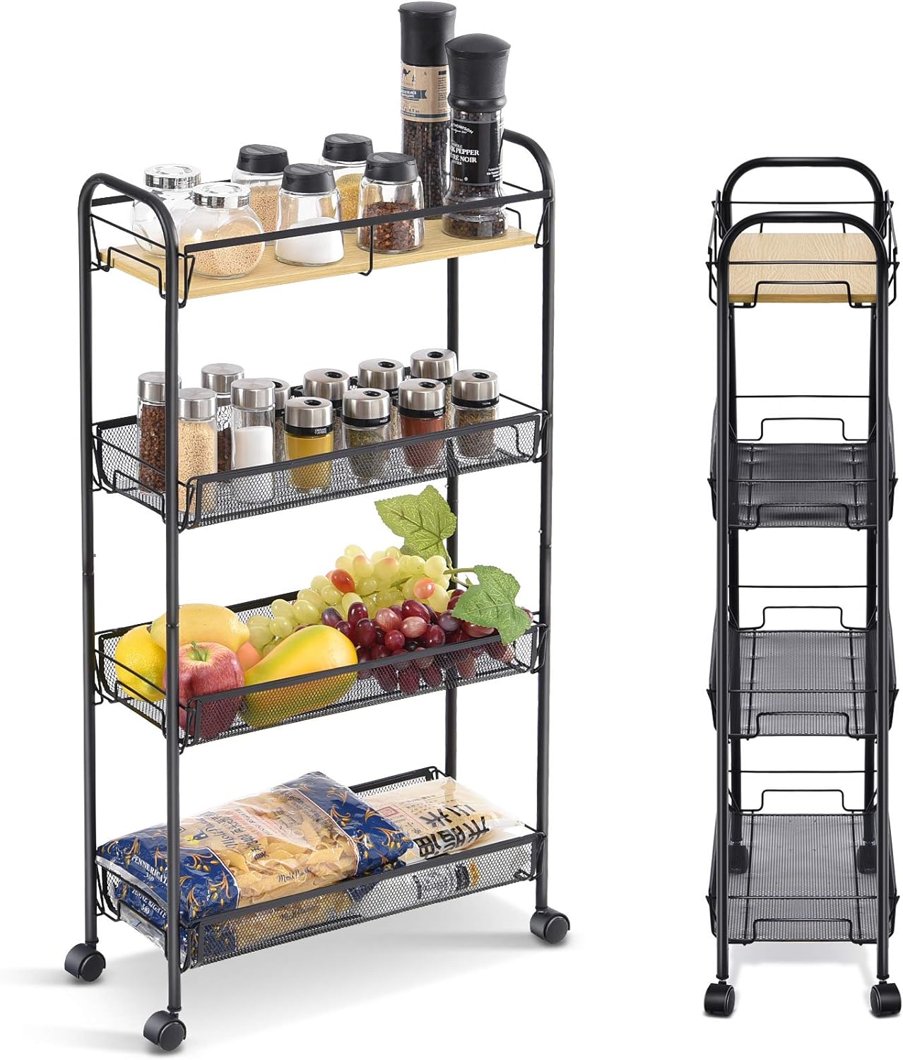 KINGRACK 4-Tier Slim Rolling Cart,Metal Utility Cart,Slide Out Storage Cart with Wooden Tabletop and Mesh Baskets for Narrow Space on Kitchen Bathroom Laundry Room Bedroom Apartments Dormitory, Black