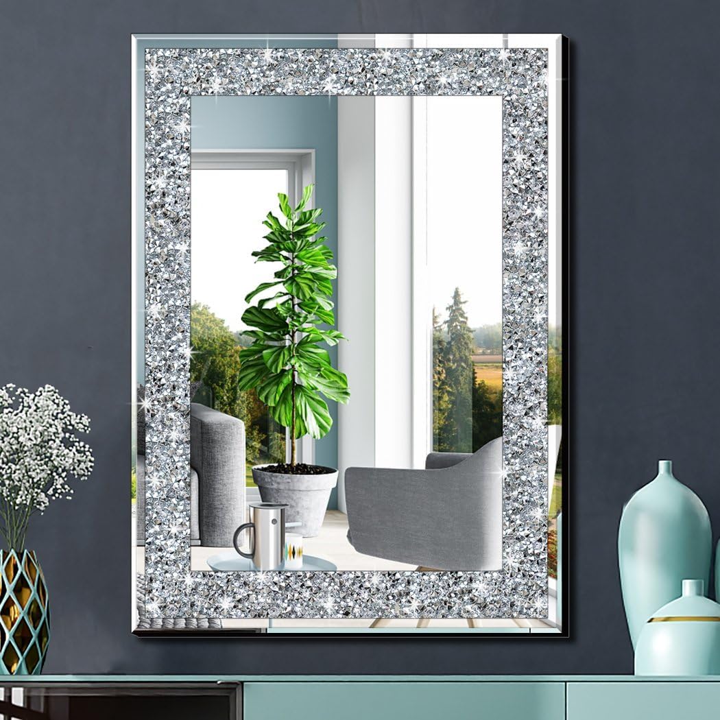 QMDECOR Crystal Crush Diamond Rectangle Silver Mirror for Wall Decoration 20x28inch Wall Hang Frameless Mirror Acrylic Diamond Decor.