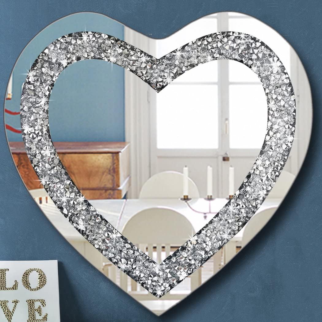 DMDFIRST Crystal Crush Diamond Heart Shaped Silver Mirror for Wall Decoration 24x24x1 inch Wall Hang Frameless Mirror Acrylic Diamond Dcor.