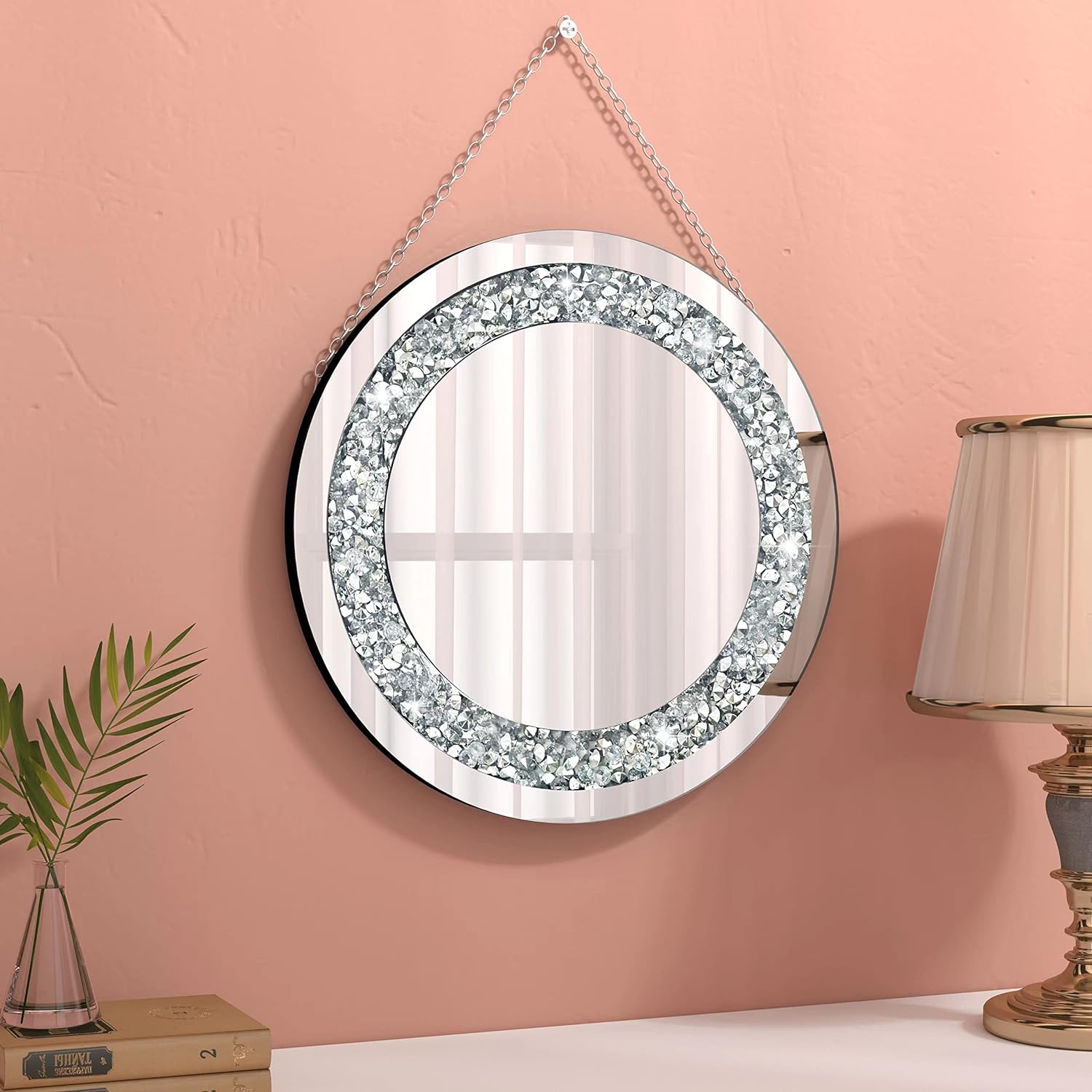 Crystal Diamond Mirror-14 Round Wall Mirror, Decorative Mirror with Metal Chain for Living Room, Dining Room, Bathroom and Bedroom