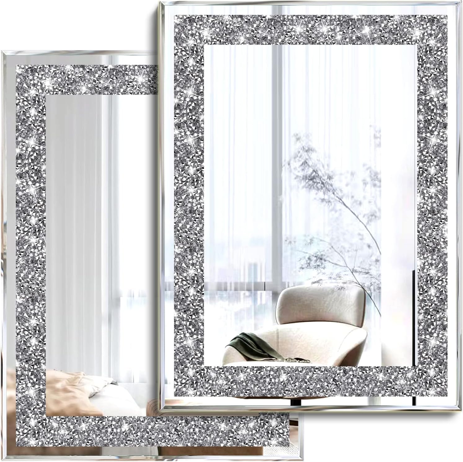 2 Piece Wall Mirrors, Crush Diamond Wall Dcor Silver Decorative Mirrors for Living Room , Bedroom, Bathroom. (11x15)