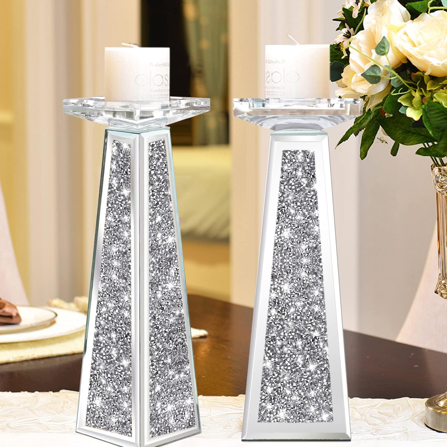 Wocred 2 Piece Candlestick Holders for Holding Pillar Candles, Crystal Crushed Diamond Candle Holders Set Decor for Dinning Room, Silver Glass Votive Candle Holders for Table Centerpiece(12)