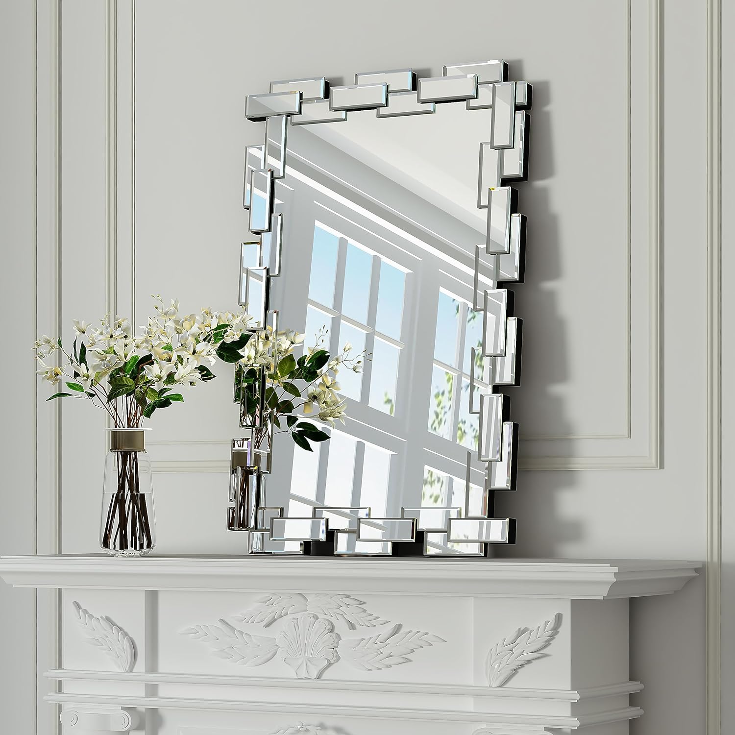 Rectangular Decorative Wall Mirror 3524 Inch Silver Accent for Decoration Elegant Abstract Mirror for Living Room Entryway Bedroom