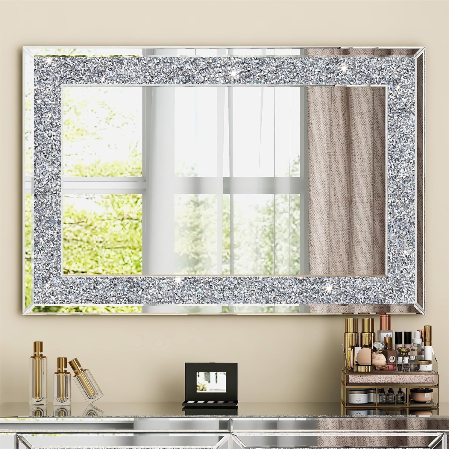 SHYFOY Crystal Mirrors for Wall Decor 35.4X23.6 Decorative Wall Mirror Rectangle Silver Sparkly Crush Diamond Hanging Wall-Mounted Mirror for Living Room Stunning Home Dcor Modern Glass Art