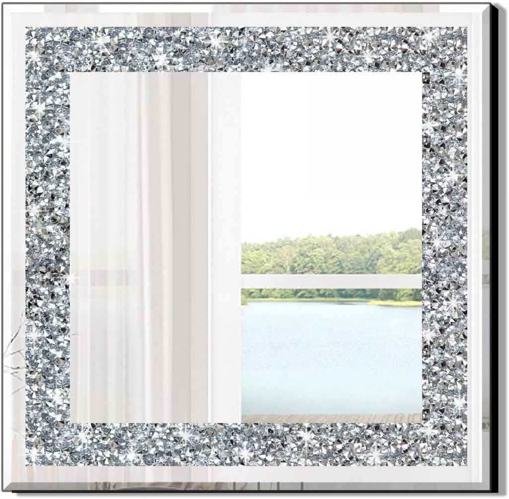 QMDECOR Crystal Crush Diamond Sparkly Square Silver Mirror for Wall Decoration 20x20x1 inch Wall Hang Frameless Bling Stylish Gorgeous Glam Mirror Vanity Home Decor.