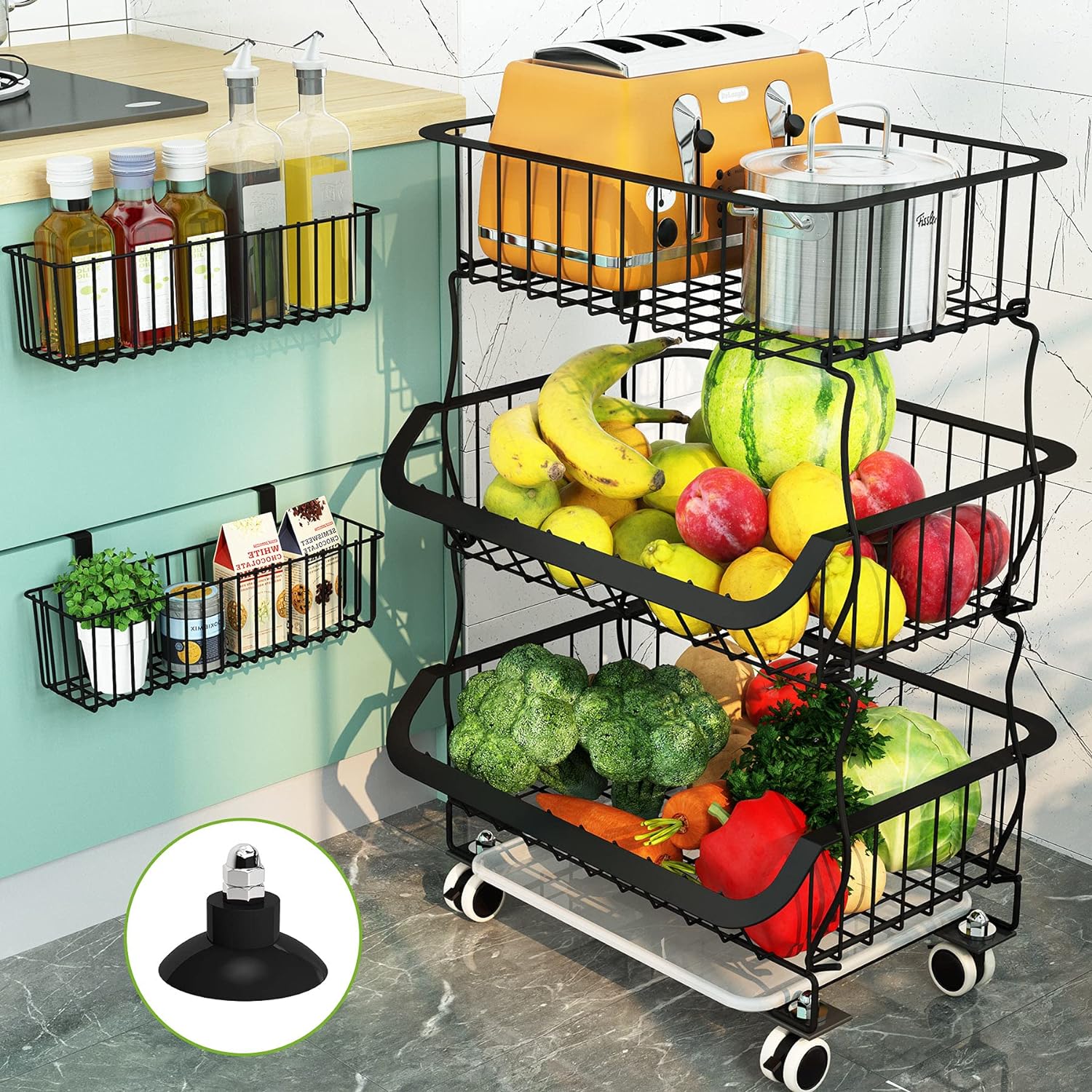 1Easylife Fruit Vegetable Basket, 3 Tier Stackable Metal Wire Basket Cart with Rolling Wheels, Utility Rack for Kitchen, Pantry, Garage, with 2 Free Baskets (3 Tier)