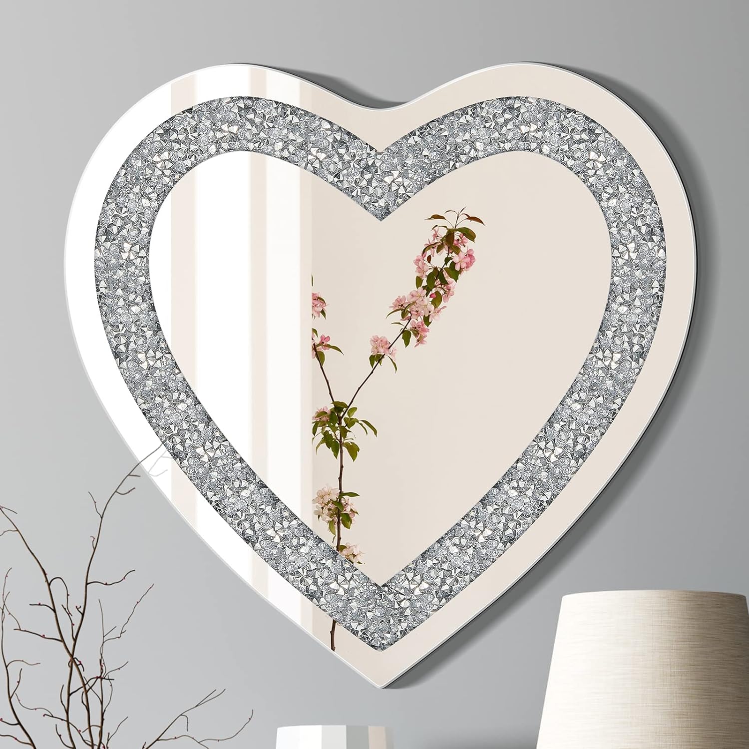 Diamond Crystal Crushed Heart Shaped Silver Mirror for Wall Decoration 20 x 20 Inch Acrylic Diamond Wall Mirror Decor Wall Hang Frameless Sparkly Mirror Glass Stunning Home Crystal Decor