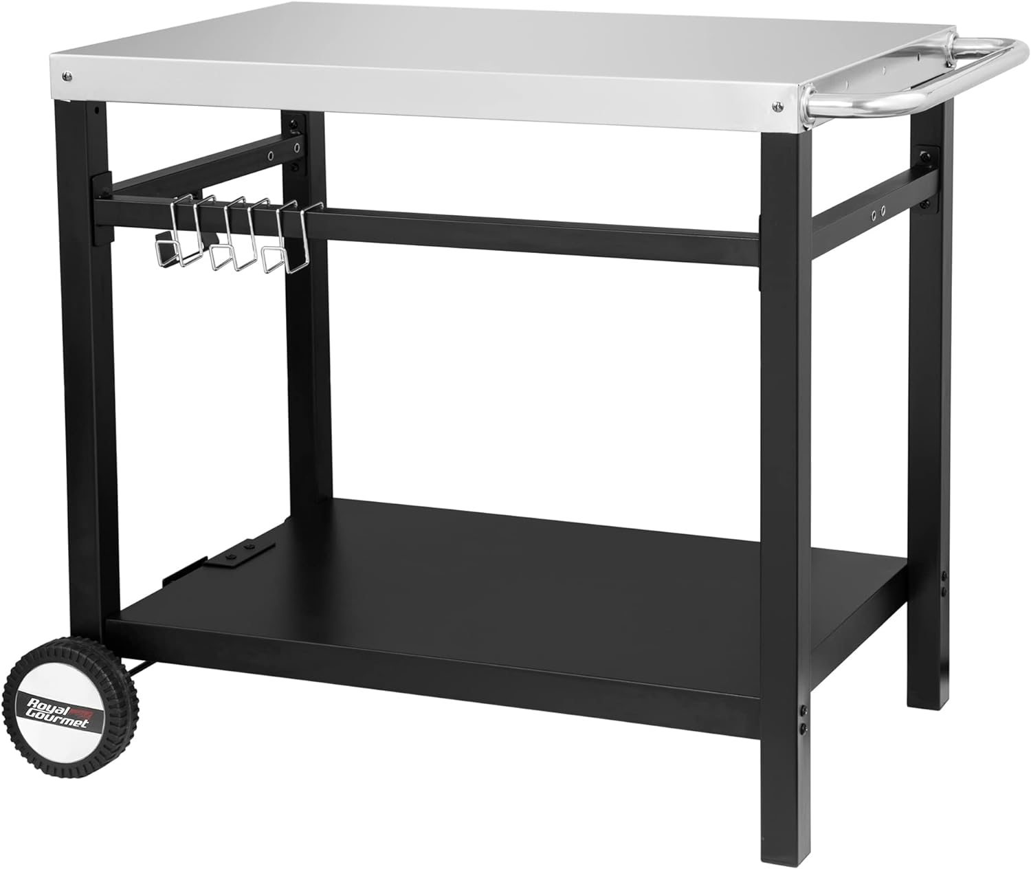 Royal Gourmet Dining Cart Table with Double-Shelf, Movable Stainless Steel Flattop Worktable, Hooks, Side Handle, Multifunctional, PC3401S (Silver)