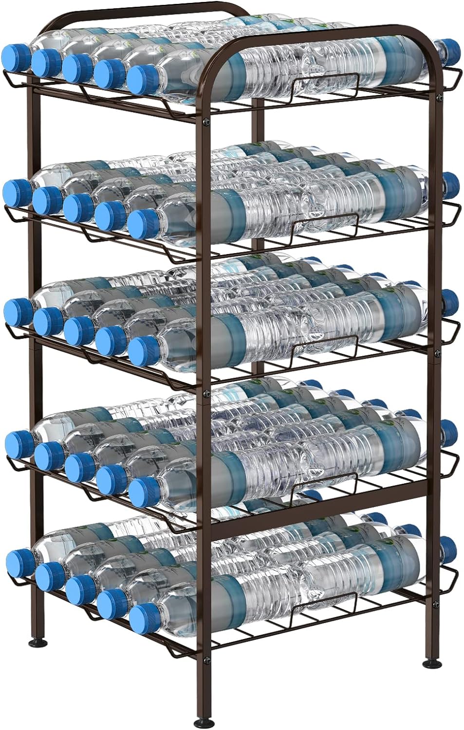 smusei 5 Tier Water Bottle Organizer Vertical Free Standing Storage Shelf Metal Beverage Rack Dispenser Large Capacity Bottled Water Holder Stand for Kitchen Party Pantry, Bronze