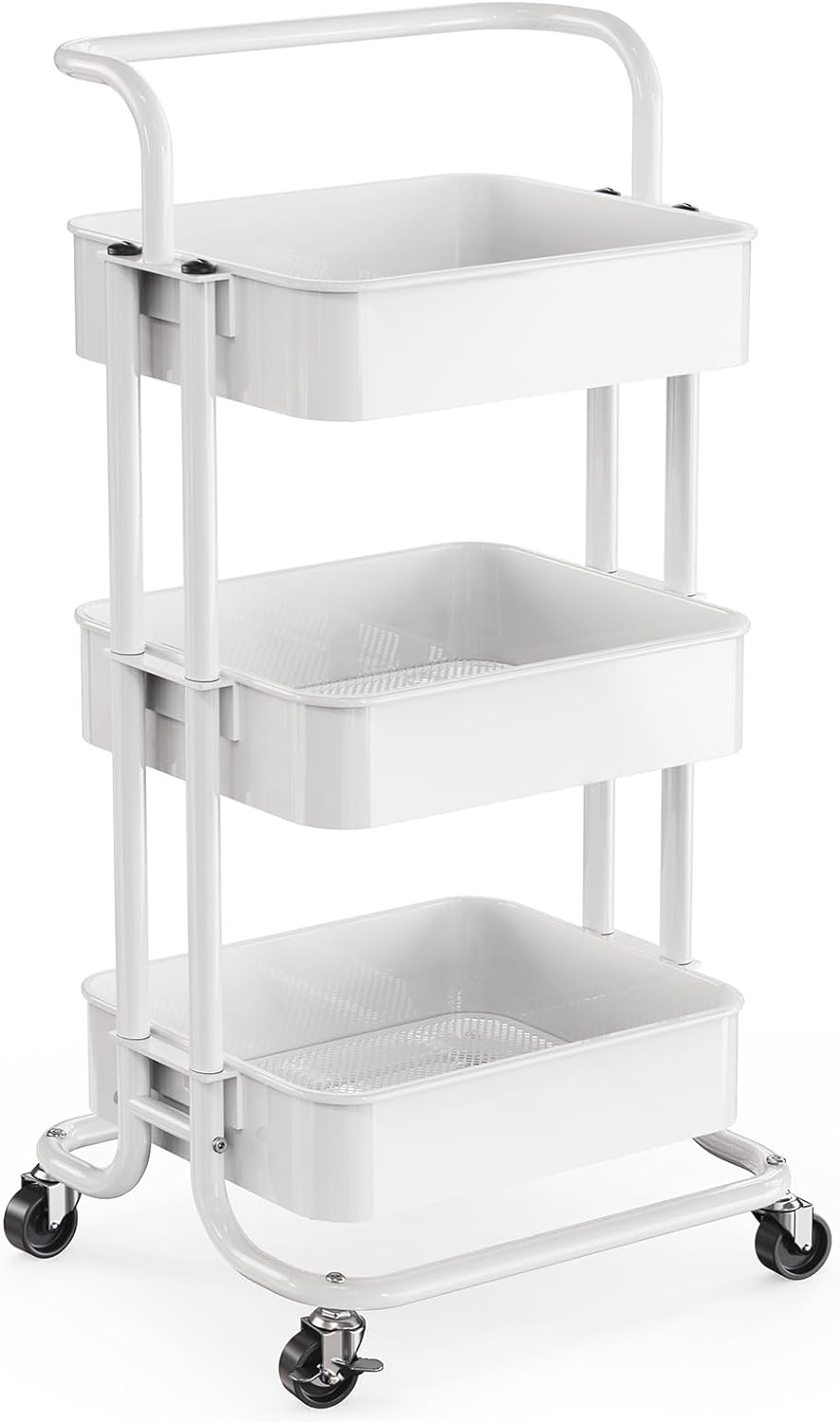 Pipishell 3 Tier Mesh Utility Cart, Rolling Metal Organization Cart with Handle and Lockable Wheels, Multifunctional Storage Shelves for Kitchen Living Room Office White