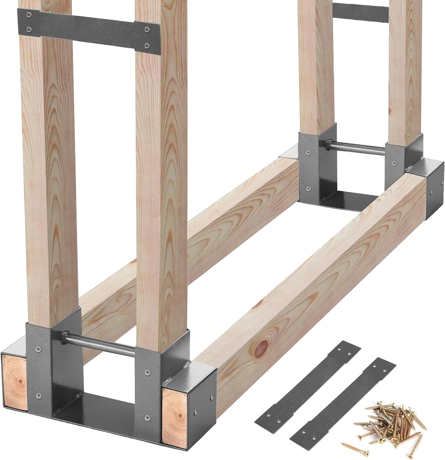 MOFEEZ Outdoor Firewood Log Storage Rack 2x4 Bracket Kit, Fireplace Wood Storage Holder, Adjustable to Any Length - Grey, Two Bases