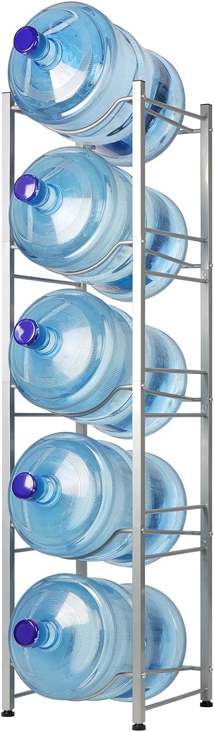 Water Cooler Jug Rack 5-Tier Water Bottle Storage Rack 5 Gallon Detachable Heavy Duty Water Jug Shelf Save Space for Home Office Kitchen Organization Silver