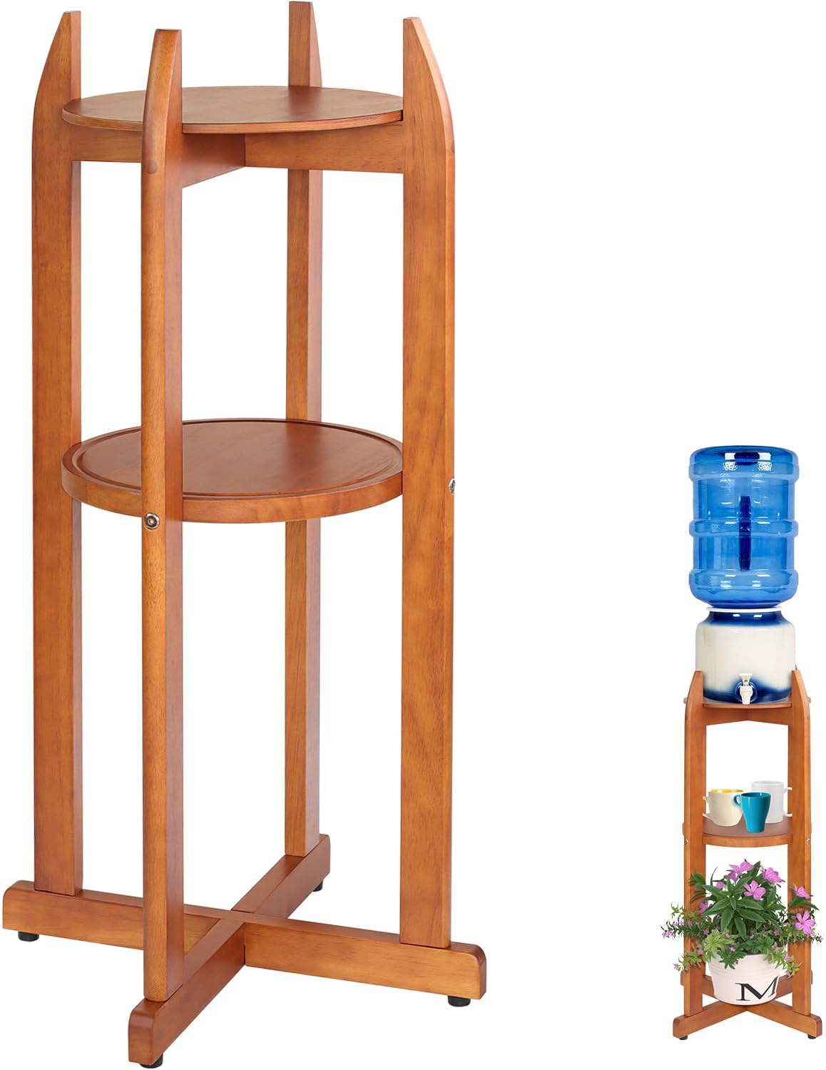 Natural Solid Wood Water Dispenser Floor Stand(32.8 Hight-11.2 Wide) Drink Dispenser Floor Stand with 2 Round Shelfs Included for 1-5 Gallon Water Bottles/Crocks, Water Jug and Plant Stand-Light