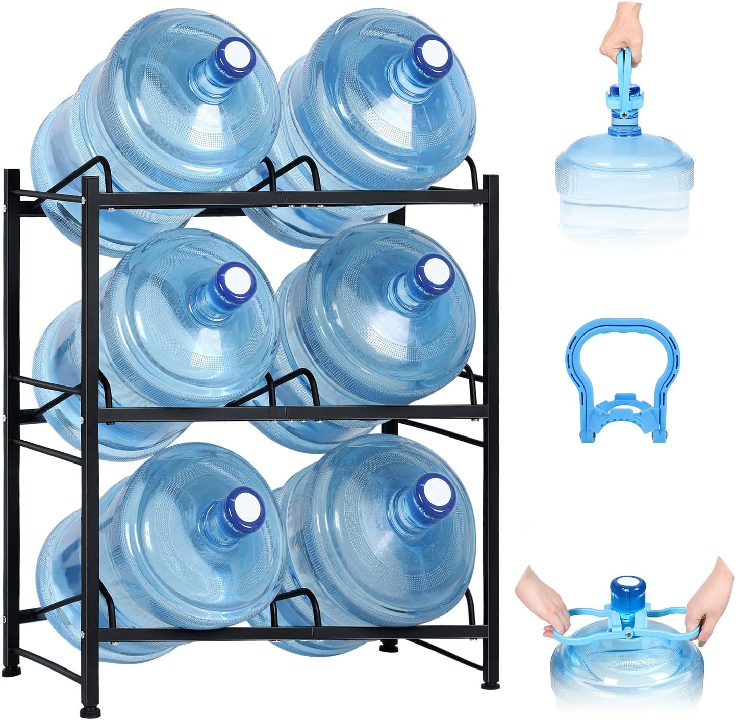 5 Gallon Water Bottle Holder, 3 Tier Water Jug Rack, Water Cooler Jug Rack for 5 Gal Water Bottle, Water Jug Dispenser Stand, Heavy Duty 5 Gallon Water Jug Stand for 6 Bottles with Lifter