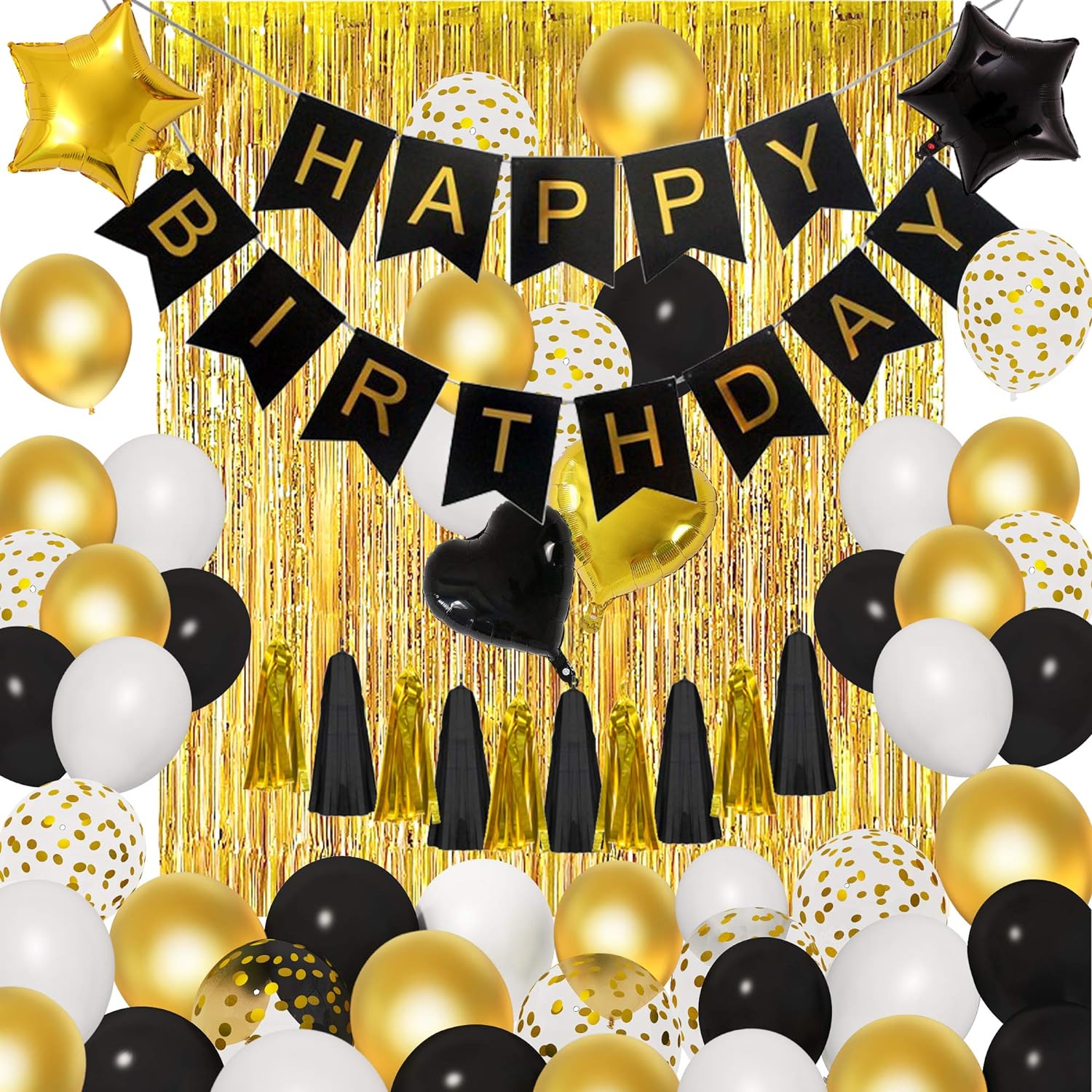 Amandir Birthday Decorations for Men Women, Black and Gold Balloons Party Decorations Happy Birthday Banner Tassels Metallic Fringe Curtains 30th 40th 50th 70th New Year Birthday Decorations Supplies