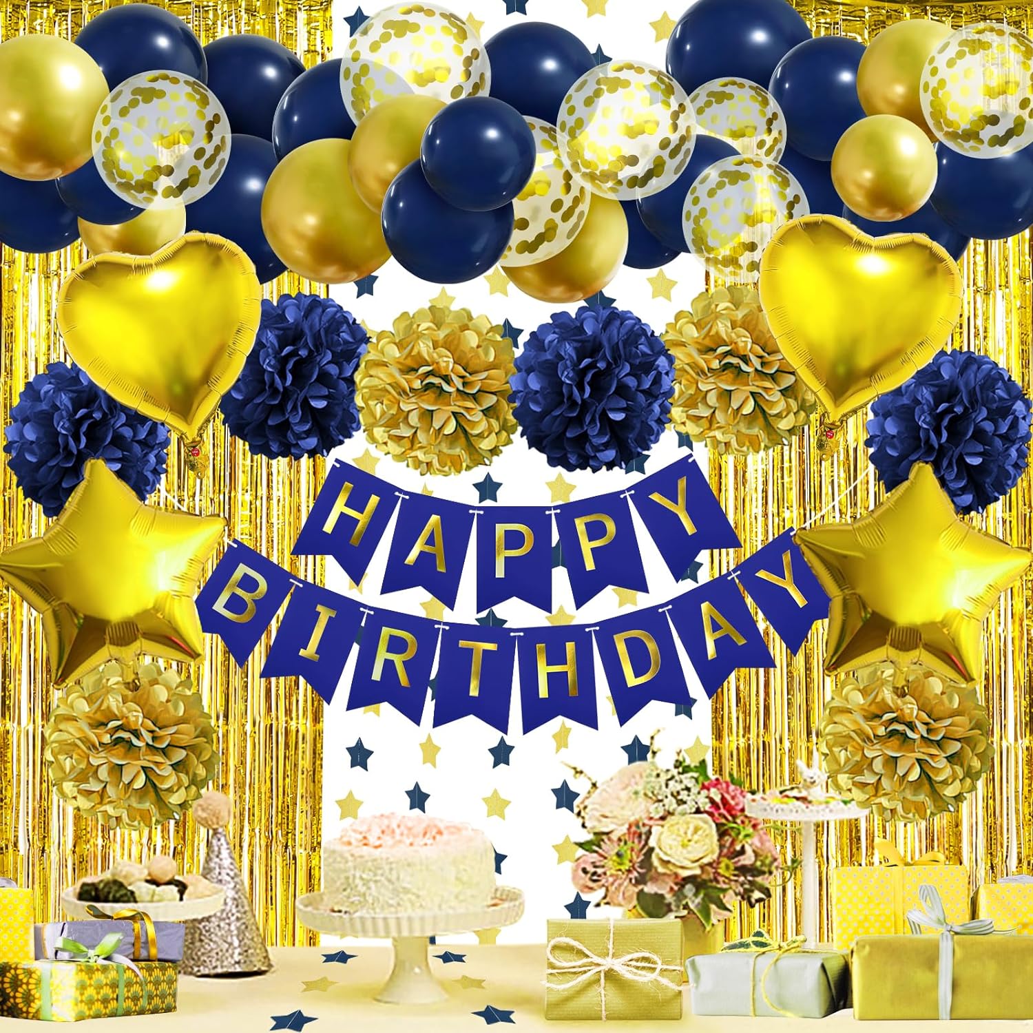 ZERODECO Birthday Party Decorations for Men, Navy Blue Gold Happy Birthday Banner Pompoms Balloon Arch Fringe Curtain Party Dcor for Men Boys Women Girls Birthday Party Decorations Kit