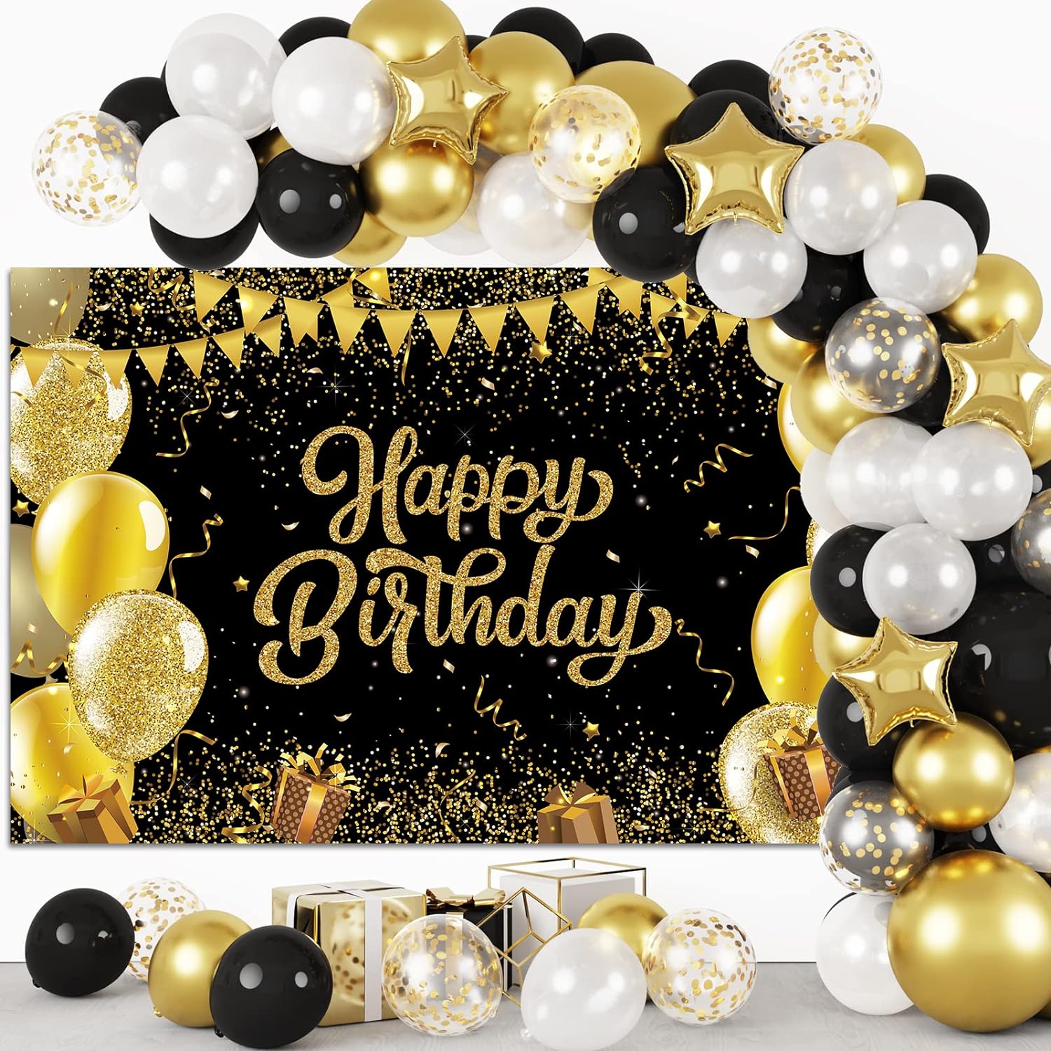 Rubfac Black and Gold Birthday Decorations Happy Birthday Backdrop with 120pcs Black and Gold Balloon Garland Kit Photo Backdrop Background for Birthday Party Decoration Supplies