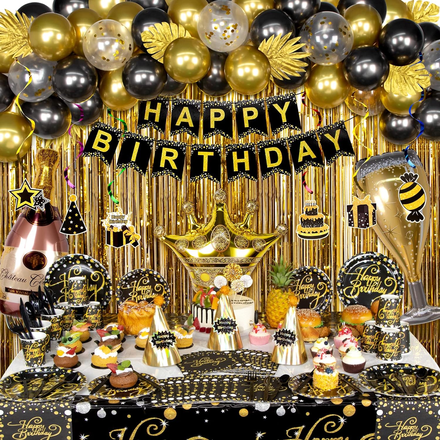 Black and Gold Birthday Party Decorations, Happy Birthday Party Supplies for Men Women Includes Balloons, Curtains, Banner, Hanging Swirls, Tablecloth, Plates, Cake Toppers for Birthday Party