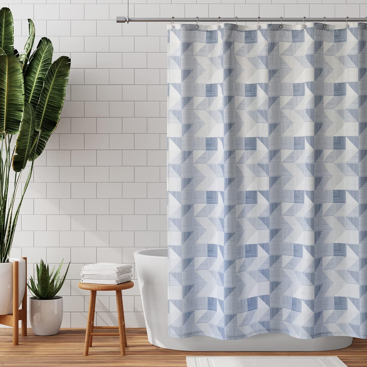 Zenna Home Geometric Lines Fabric Shower Curtain, 70 x 72, Blue