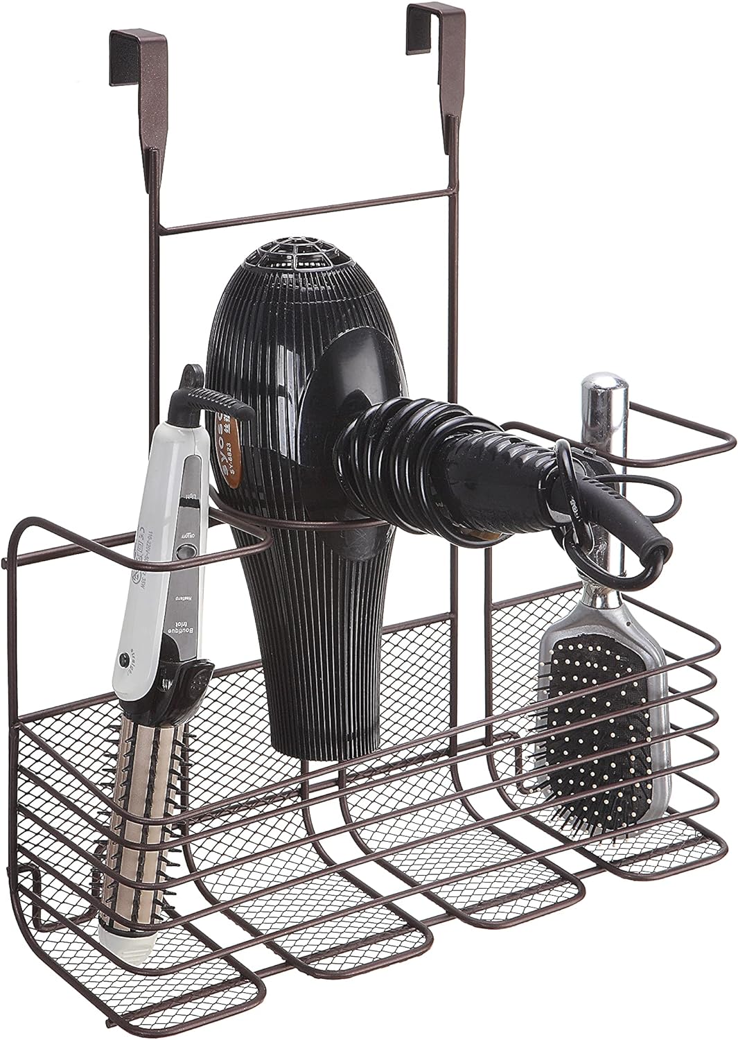 SunnyPoint Metal Wire Over Door/Wall Mount Hair Care & Styling Tool Organizer - Bathroom Storage Basket for Hair Dryer, Flat Iron, Curling Wand, Hair Straightener, Brushes - Holds Hot Tools