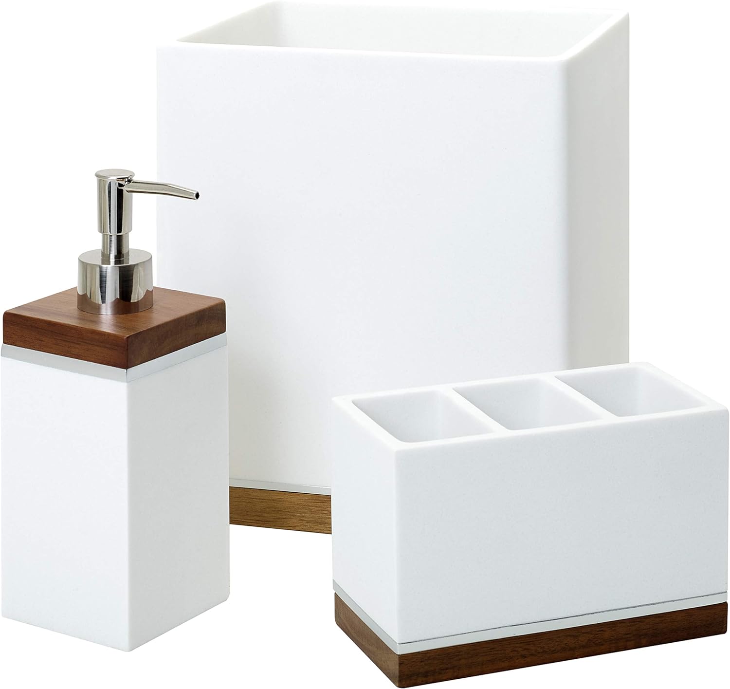 Zenna Home 3-Piece Bathroom Accessory Set: Vanity Organizer, Lotion or Soap Dispenser, and Waste Basket,White with Maple Trim, Brentwood Bath Accessories