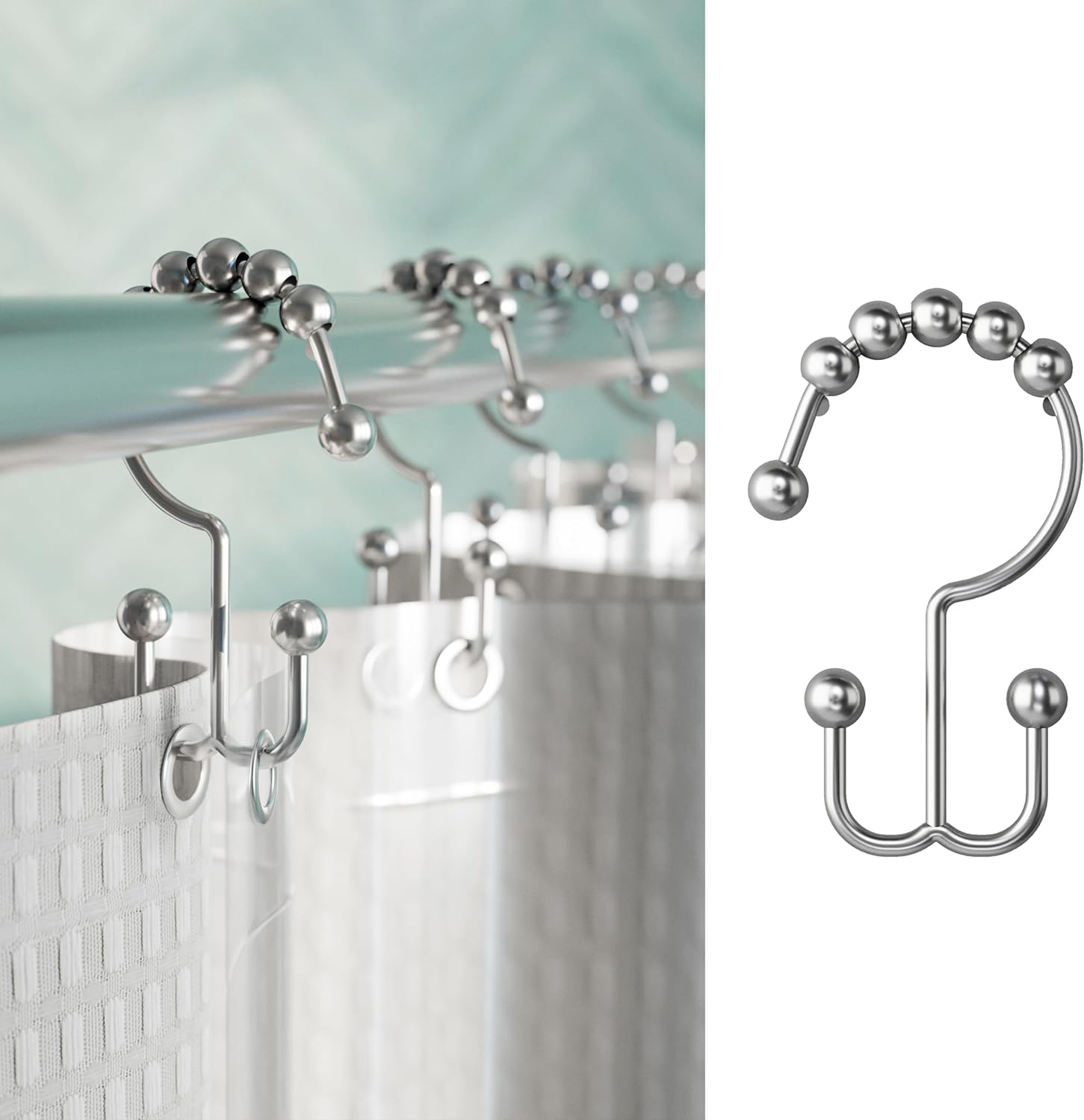 Maytex Shower Curtain Hooks, Shower Curtain Rings, Rust-Resistant Decorative Double Roller Glide Shower Hooks, Shower Rings for Bathroom Shower Rods, Curtains, Liners, Set of 12, Brushed Nickel