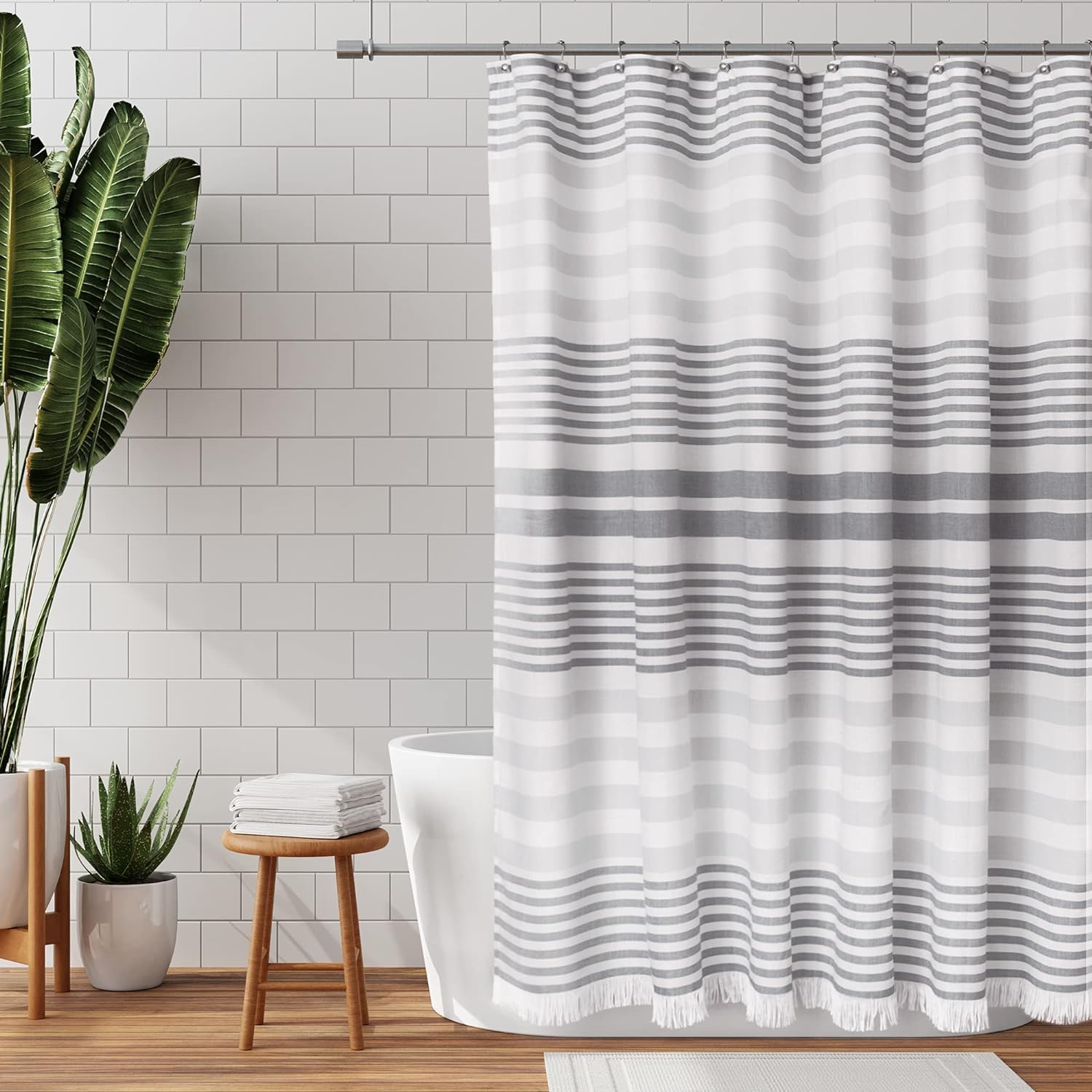 Zenna Home Hammam Fringe Fabric Shower Curtain, Grey, 70 x 72 Inches