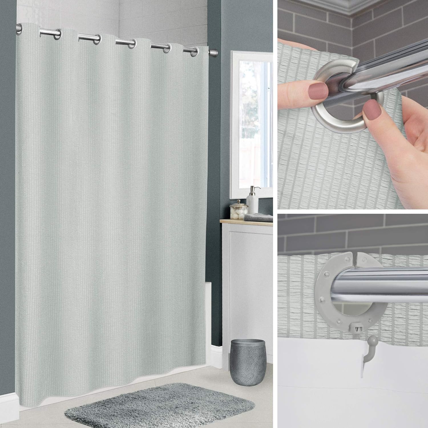 Zenna Home, Grey, 70 x 74 Inches InstaCurtain Norwalk Seersucker Fabric Shower Curtain, 70 x 74