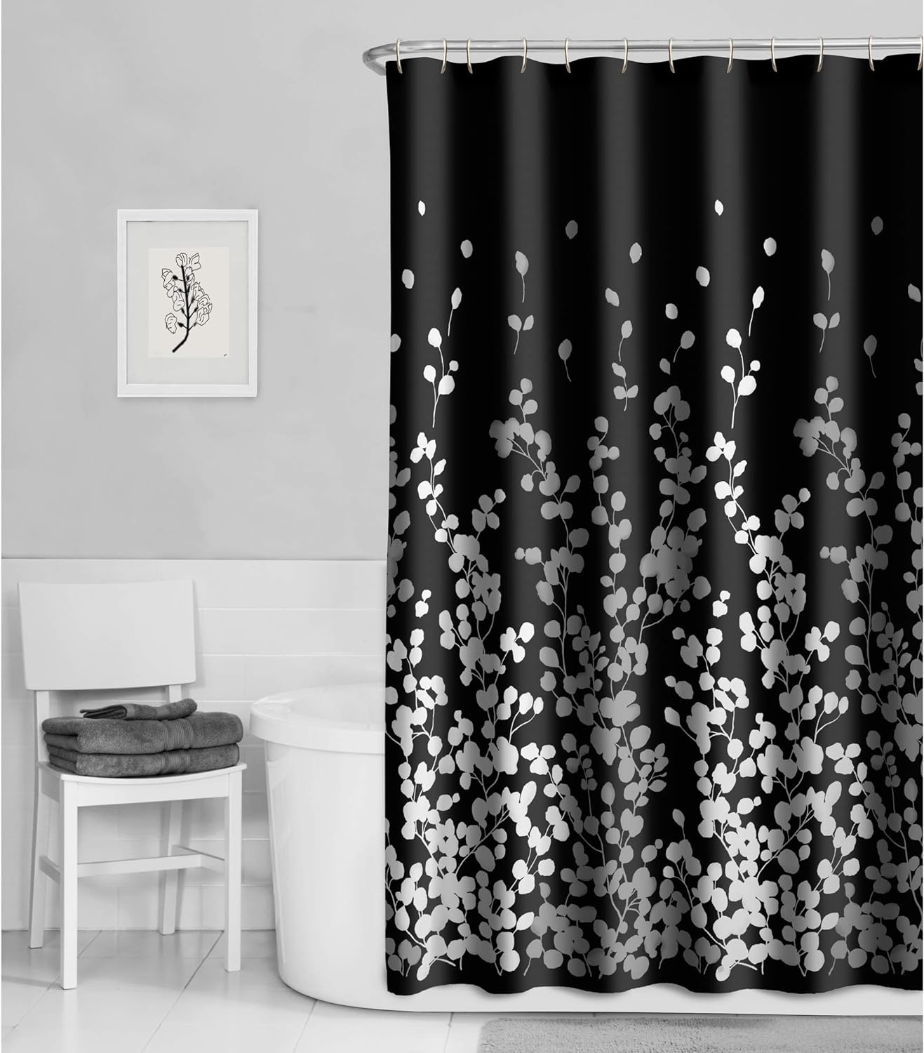 Maytex Sylvia Printed Faux Silk Fabric Shower Curtain, Black and White, 70 x 72 Inches