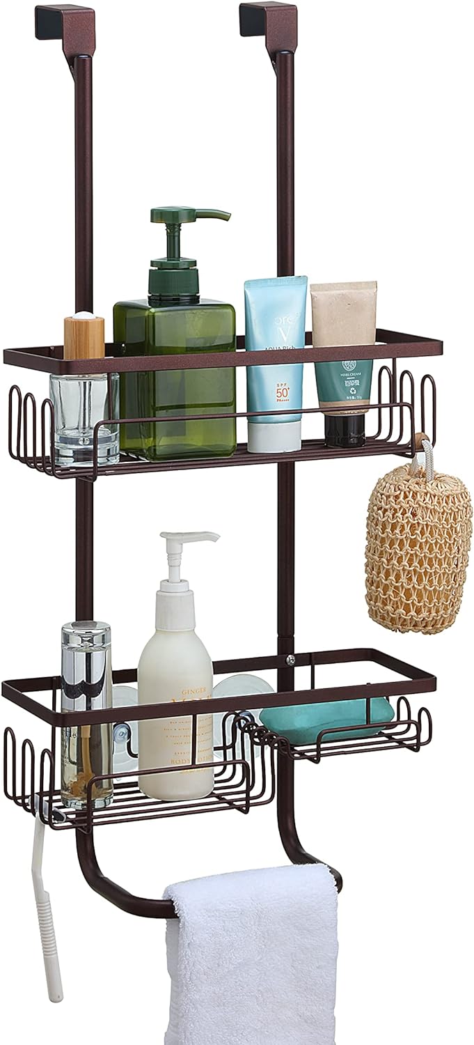 SunnyPoint Classic Metal Bathroom Shower Caddy, Over Door Hanging Storage Organizer Basket (Standard, Brown)