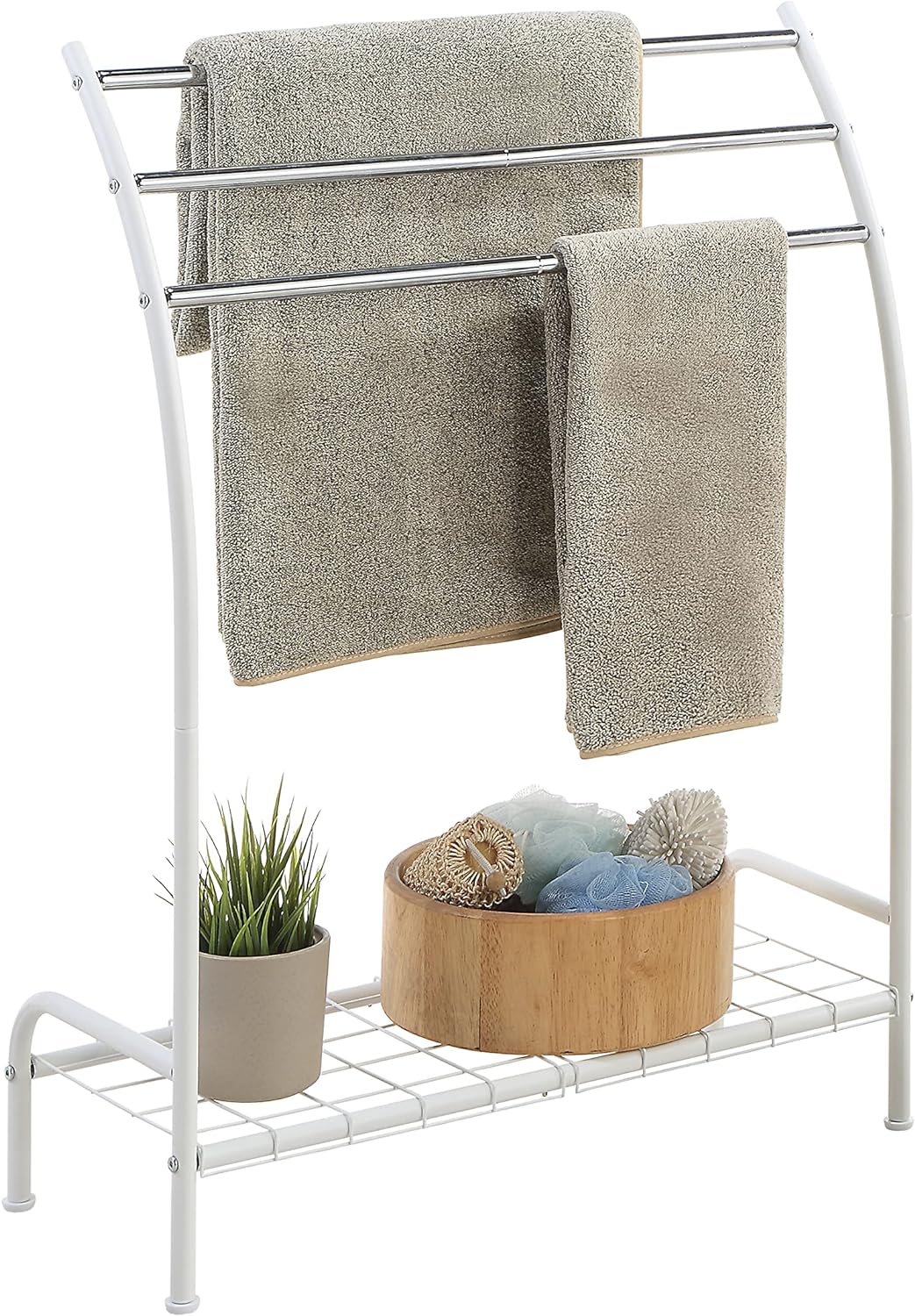 SunnyPoint Freestanding 3 Hanging Bar Towel Rack with Bottom Shelf (WHT)