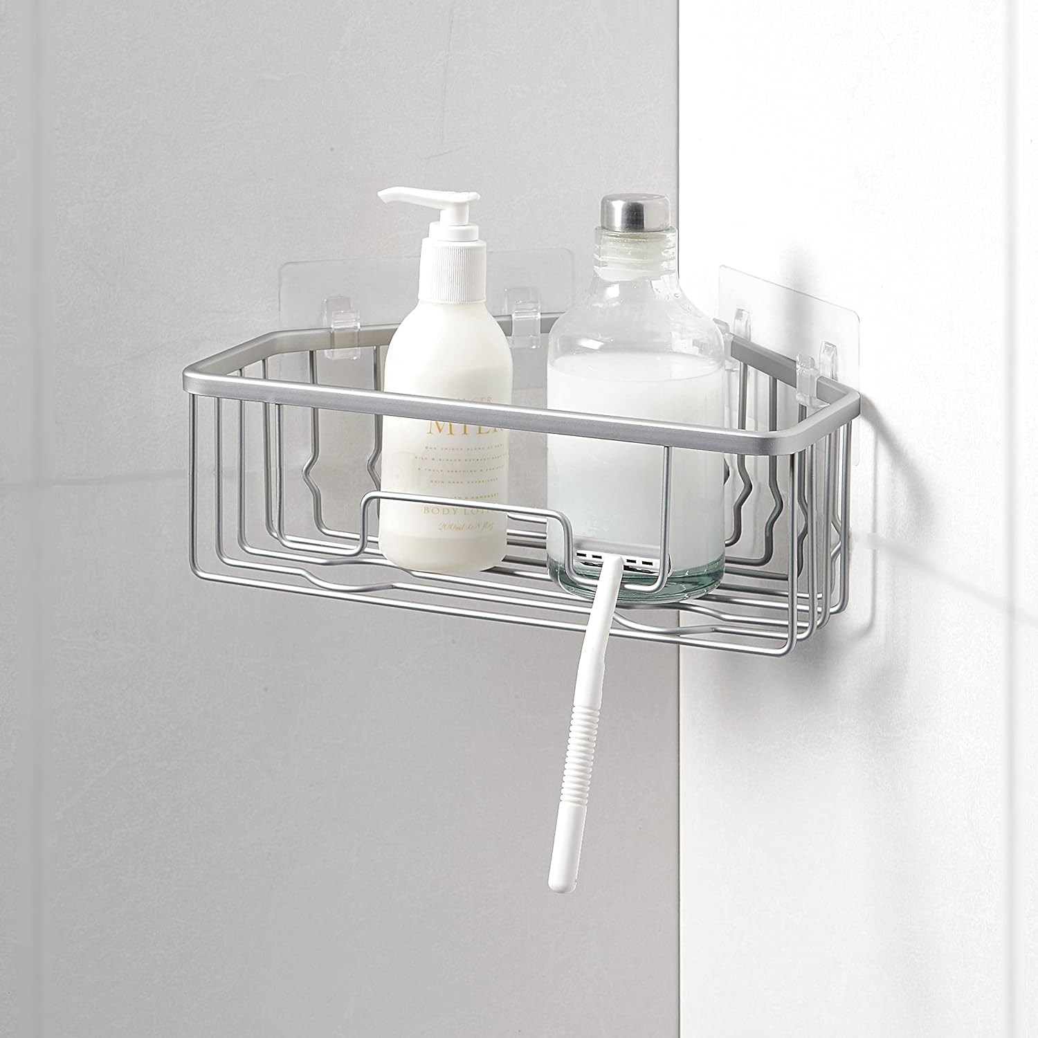 SunnyPoint RustProof Aluminum Wall Mount Shower Caddy Basket Shelf; Adhesive Pad Included (Corner Style; Grey)