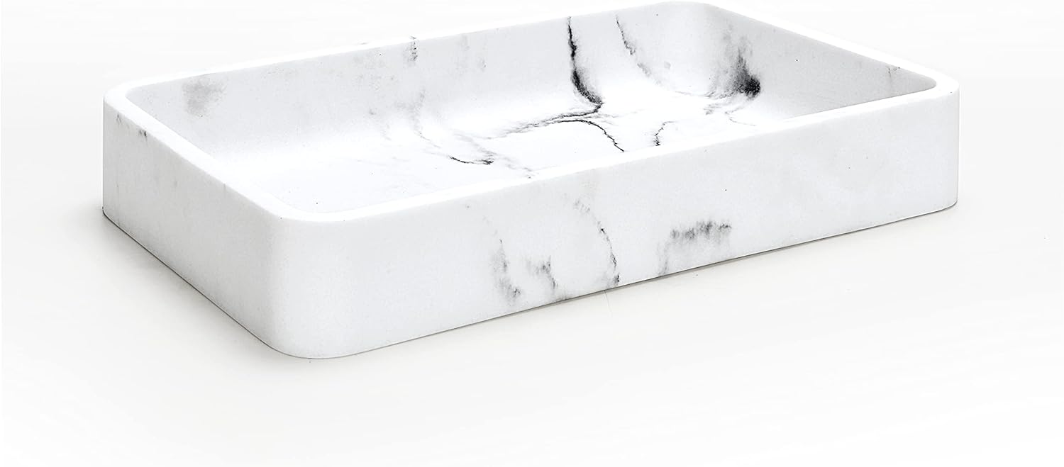 SunnyPoint Faux Marble Jewelry Organizer Resin Tray, Dresser Vanity Tray Dish Ring Cosmetic Organizer for Candle Perfume Soap Shampoo Small Plant Home Decor - (Marble White, 10.23 X 6.22 X 1.57)