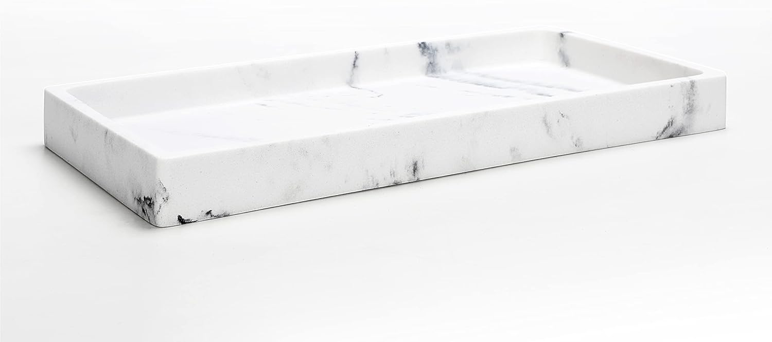 SunnyPoint Faux Marble Jewelry Organizer Resin Tray, Dresser Vanity Tray Dish Ring Cosmetic Organizer for Candle Perfume Soap Shampoo Small Plant Home Decor - (Marble White, 11.75 X 5.9 X 1.2)