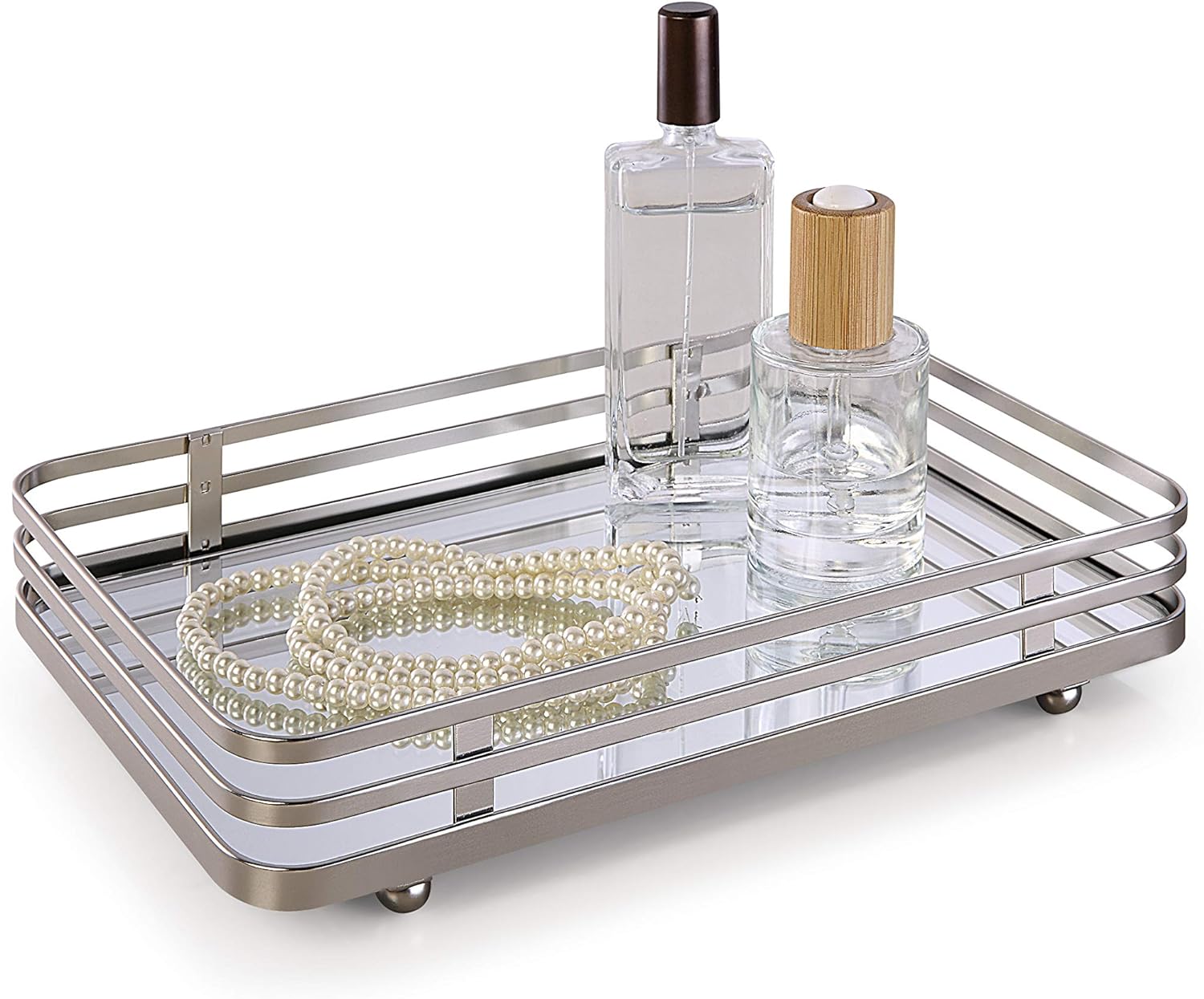 SunnyPoint Classic Decorative Vanity Perfume Dresser Jewelry Organizer Makeup Mirror Tray (Satin Nickel)