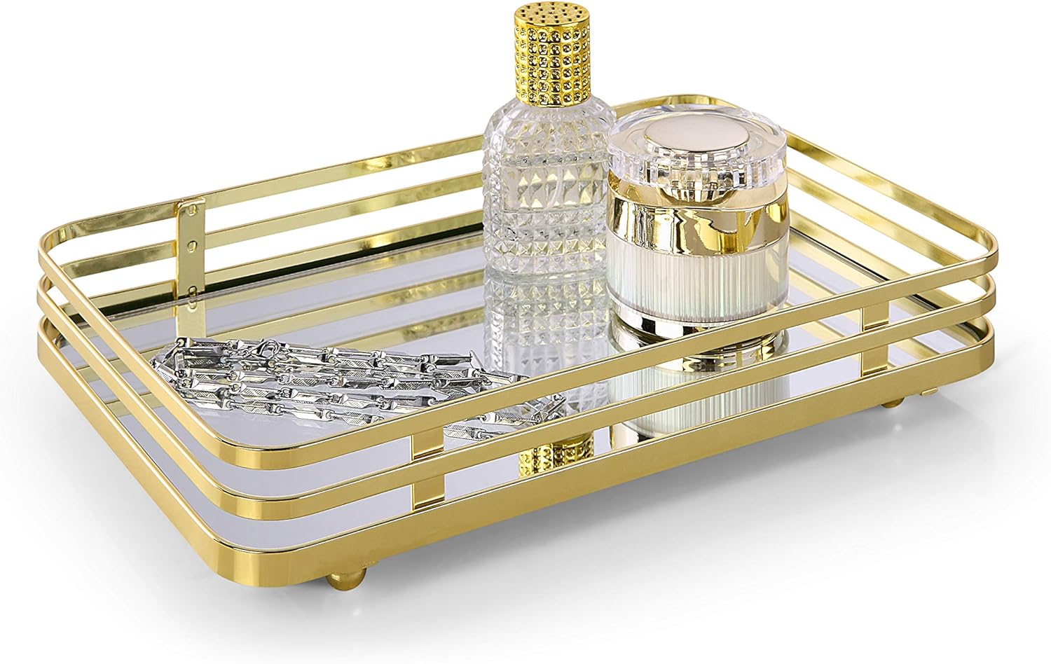 SunnyPoint Classic Decorative Vanity Perfume Dresser Jewelry Organizer Makeup Mirror Tray (Polished Gold)