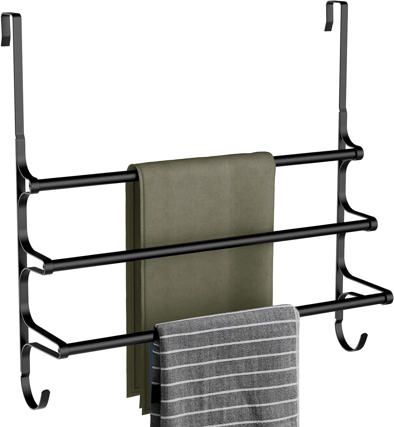 Over The Door Towel Rack, Triple Towel Storage Holder with Hooks, 19.68 Inches Towel Bar Hanger Towel Racks for Bathroom (Black)